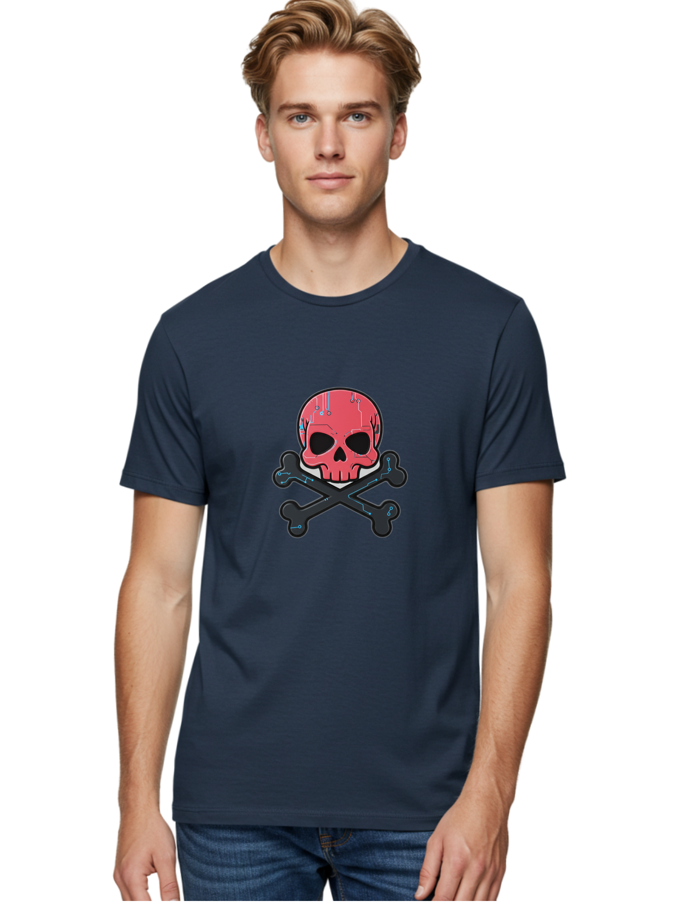 Skull-And-Crossbones-2 Men'S Graphic Tee, 100% Cotton, Comfortable Casual Summer Wear, Machine Washable, Futuristic Skull, Crossbones, Cyberpunk Design, Electronic Circuits, Red Skull, Black Bones, Sci-Fi Elements, Tech-Inspired Art, Bae738 24