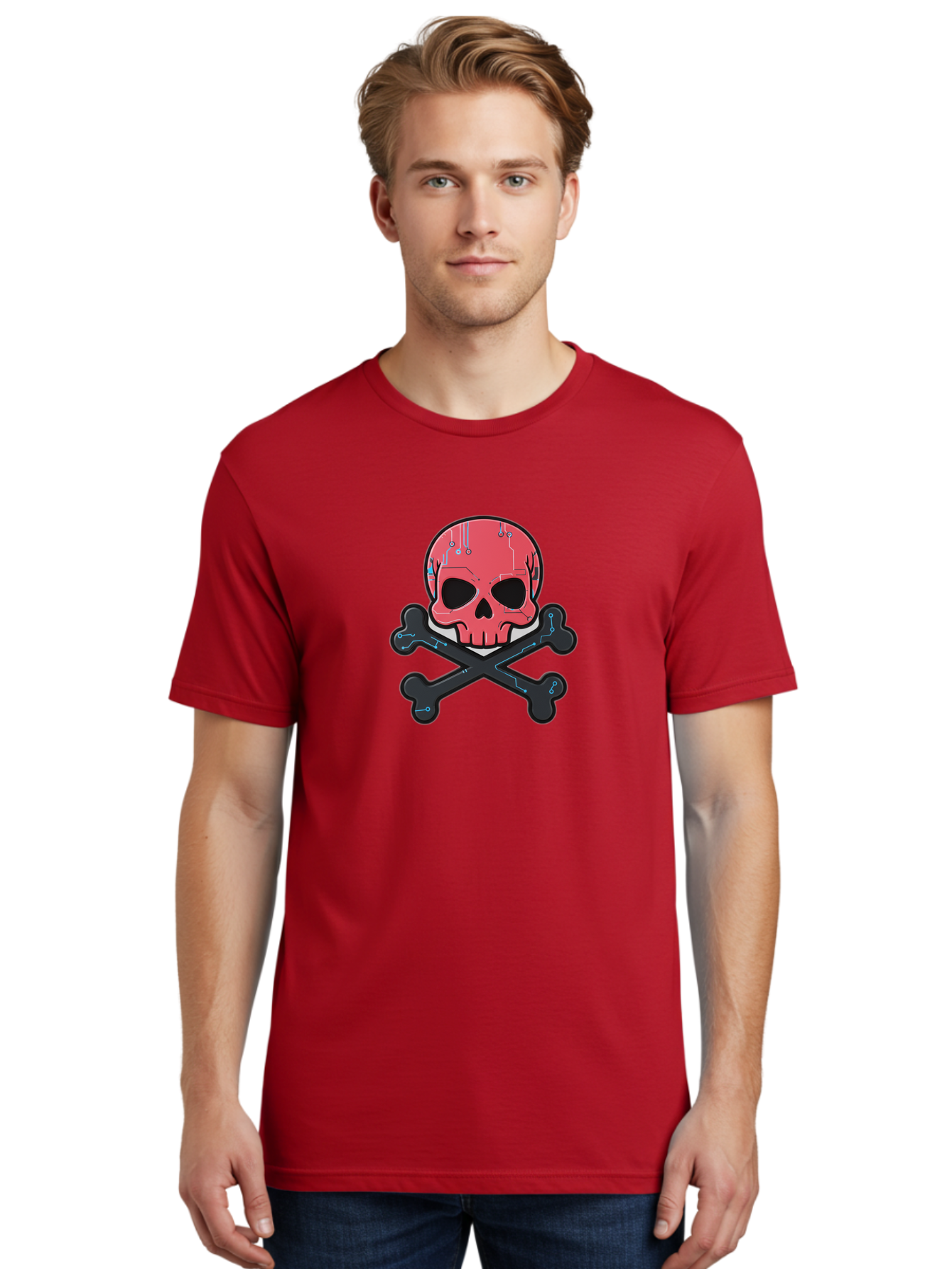 Skull-And-Crossbones-2 Men'S Graphic Tee, 100% Cotton, Comfortable Casual Summer Wear, Machine Washable, Futuristic Skull, Crossbones, Cyberpunk Design, Electronic Circuits, Red Skull, Black Bones, Sci-Fi Elements, Tech-Inspired Art, Bae738 23