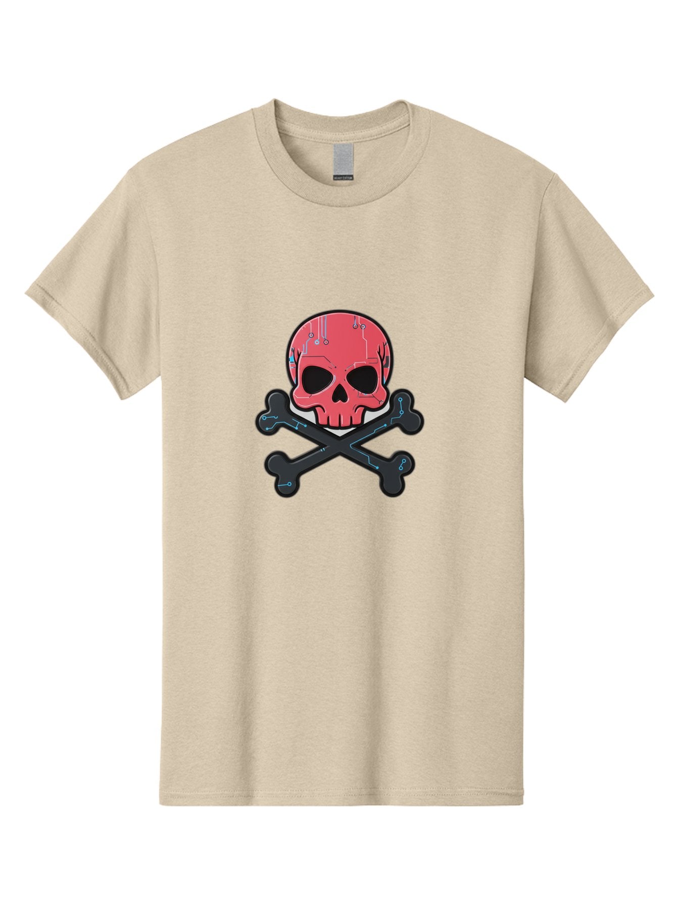 Skull-And-Crossbones-2 Men'S Graphic Tee, 100% Cotton, Comfortable Casual Summer Wear, Machine Washable, Futuristic Skull, Crossbones, Cyberpunk Design, Electronic Circuits, Red Skull, Black Bones, Sci-Fi Elements, Tech-Inspired Art, Bae738