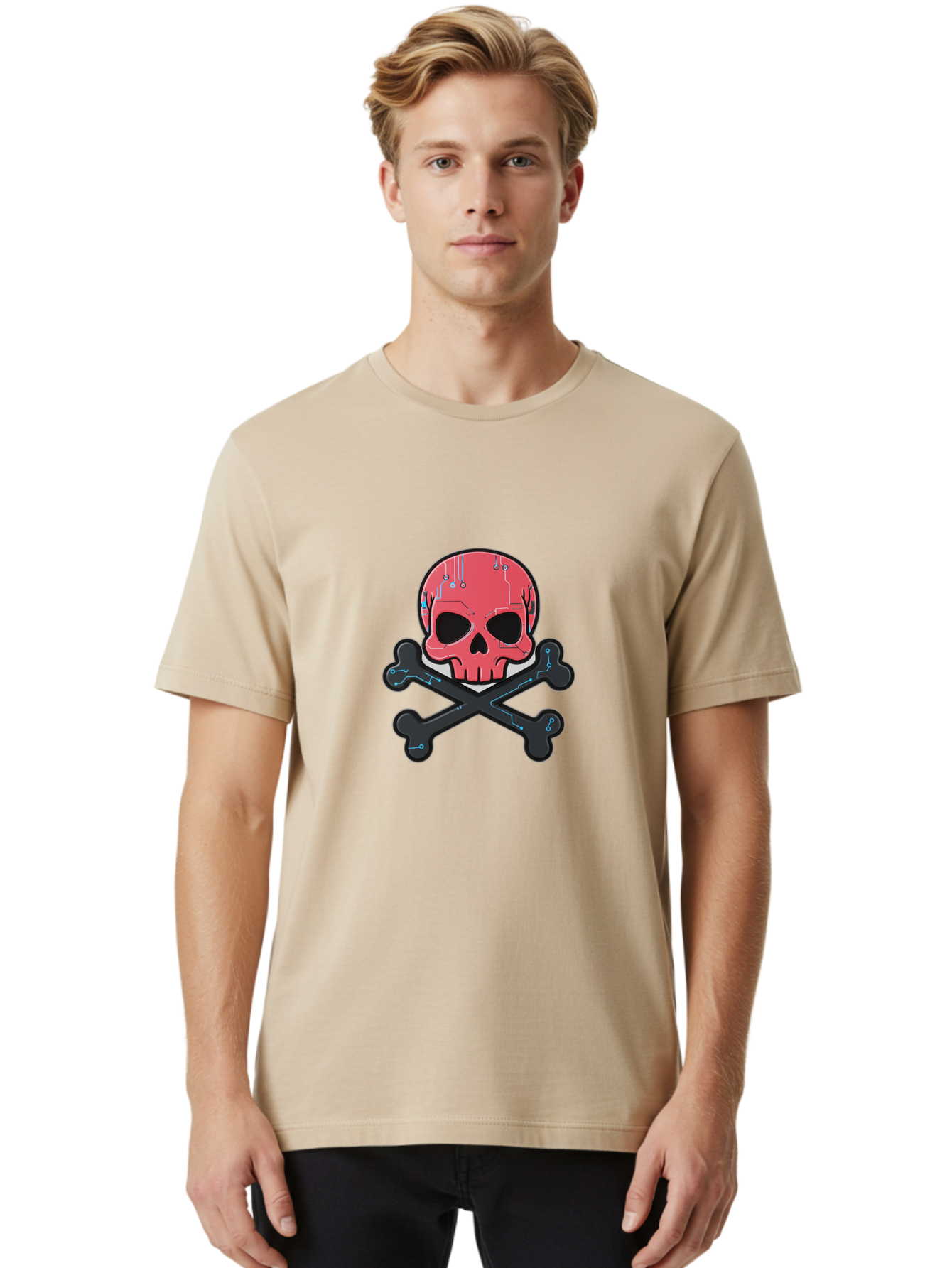 Skull-And-Crossbones-2 Men'S Graphic Tee, 100% Cotton, Comfortable Casual Summer Wear, Machine Washable, Futuristic Skull, Crossbones, Cyberpunk Design, Electronic Circuits, Red Skull, Black Bones, Sci-Fi Elements, Tech-Inspired Art, Bae738 26