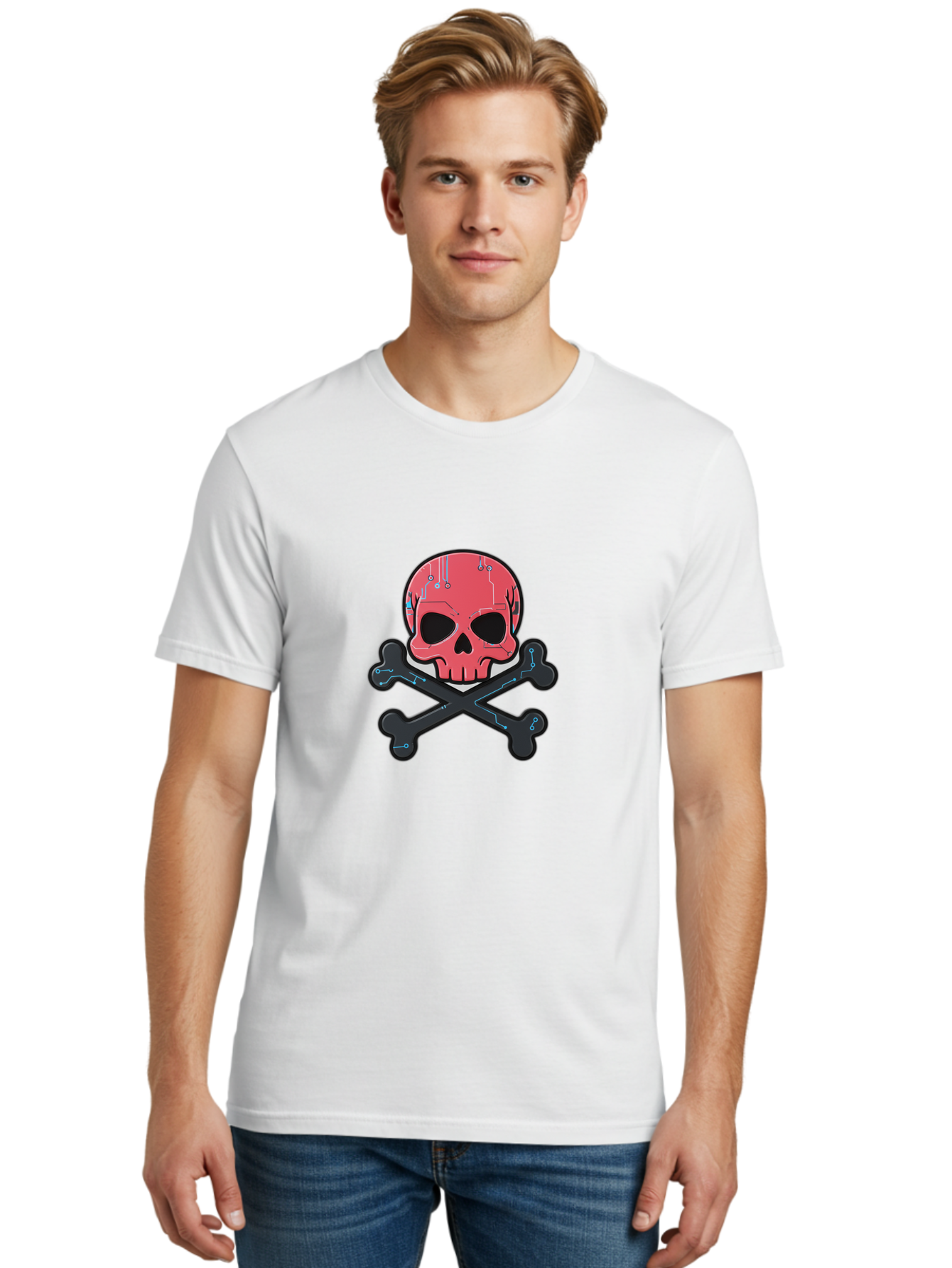 Skull-And-Crossbones-2 Men'S Graphic Tee, 100% Cotton, Comfortable Casual Summer Wear, Machine Washable, Futuristic Skull, Crossbones, Cyberpunk Design, Electronic Circuits, Red Skull, Black Bones, Sci-Fi Elements, Tech-Inspired Art, Bae738 20