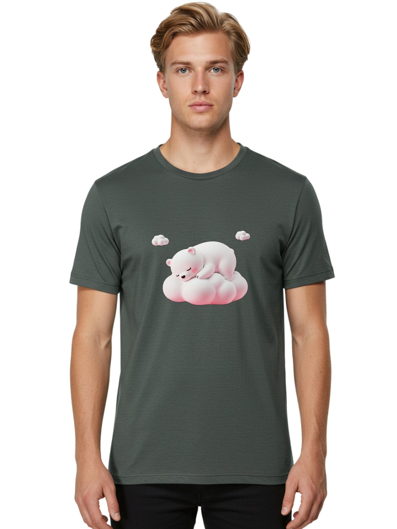 Sleeping-Polar-Bear-1 Men'S Graphic Tee, 100% Cotton, Comfortable Casual Summer Wear, Machine Washable, Sleeping Polar Bear, Cute Cartoon Animal, Peaceful Slumber, Fluffy White Bear, Serene Atmosphere, Adorable Illustration, Soft Pink Clouds, Bae740 20