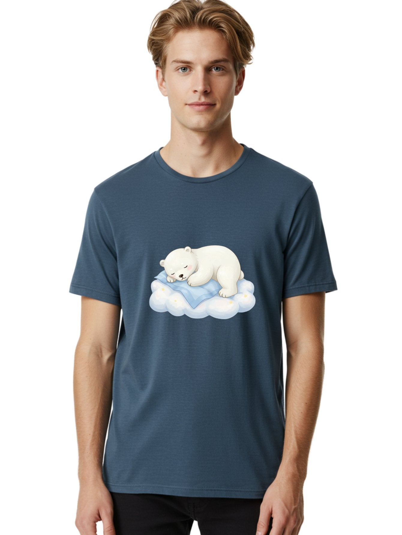 Sleeping-Polar-Bear-3 Men'S Graphic Tee, 100% Cotton, Comfortable Casual Summer Wear, Machine Washable, Polar Bear Sleeping On Cloud, Cute Cartoon Bear, Peaceful Slumber, Fluffy White Bear, Serene Atmosphere, Adorable Animal, Kawaii Bae744 24