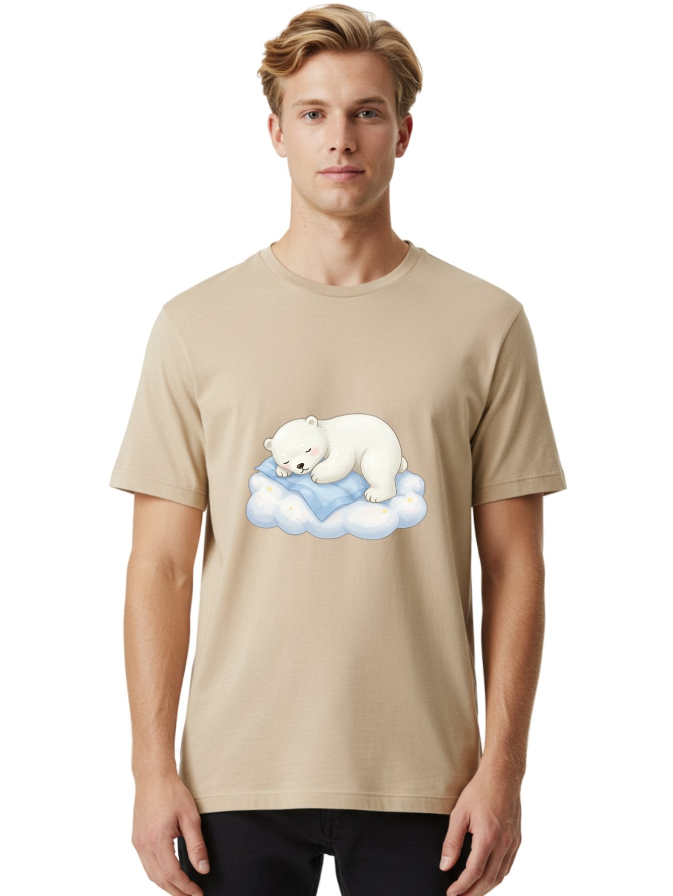 Sleeping-Polar-Bear-3 Men'S Graphic Tee, 100% Cotton, Comfortable Casual Summer Wear, Machine Washable, Polar Bear Sleeping On Cloud, Cute Cartoon Bear, Peaceful Slumber, Fluffy White Bear, Serene Atmosphere, Adorable Animal, Kawaii Bae744 17