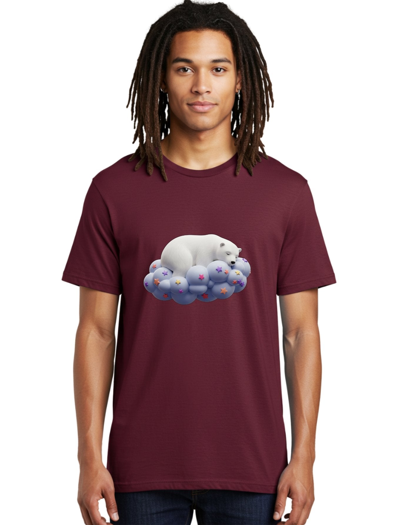 Sleeping-Polar-Bear-7 Men'S Graphic Tee, 100% Cotton, Comfortable Casual Summer Wear, Machine Washable, Sleeping Polar Bear, White Bear, Cloud With Stars, Pastel Colors, Whimsical Scene, Dreamy Atmosphere, Cute Illustration, Fantasy Art, Bae748 23