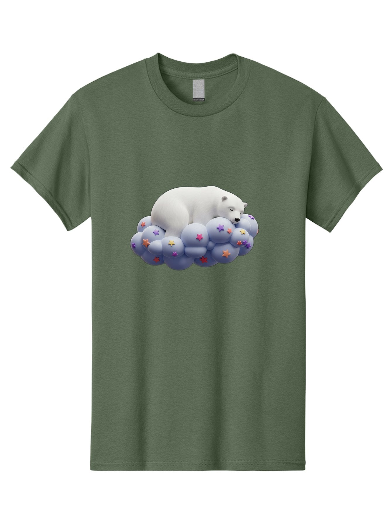 Sleeping-Polar-Bear-7 Men'S Graphic Tee, 100% Cotton, Comfortable Casual Summer Wear, Machine Washable, Sleeping Polar Bear, White Bear, Cloud With Stars, Pastel Colors, Whimsical Scene, Dreamy Atmosphere, Cute Illustration, Fantasy Art, Bae748