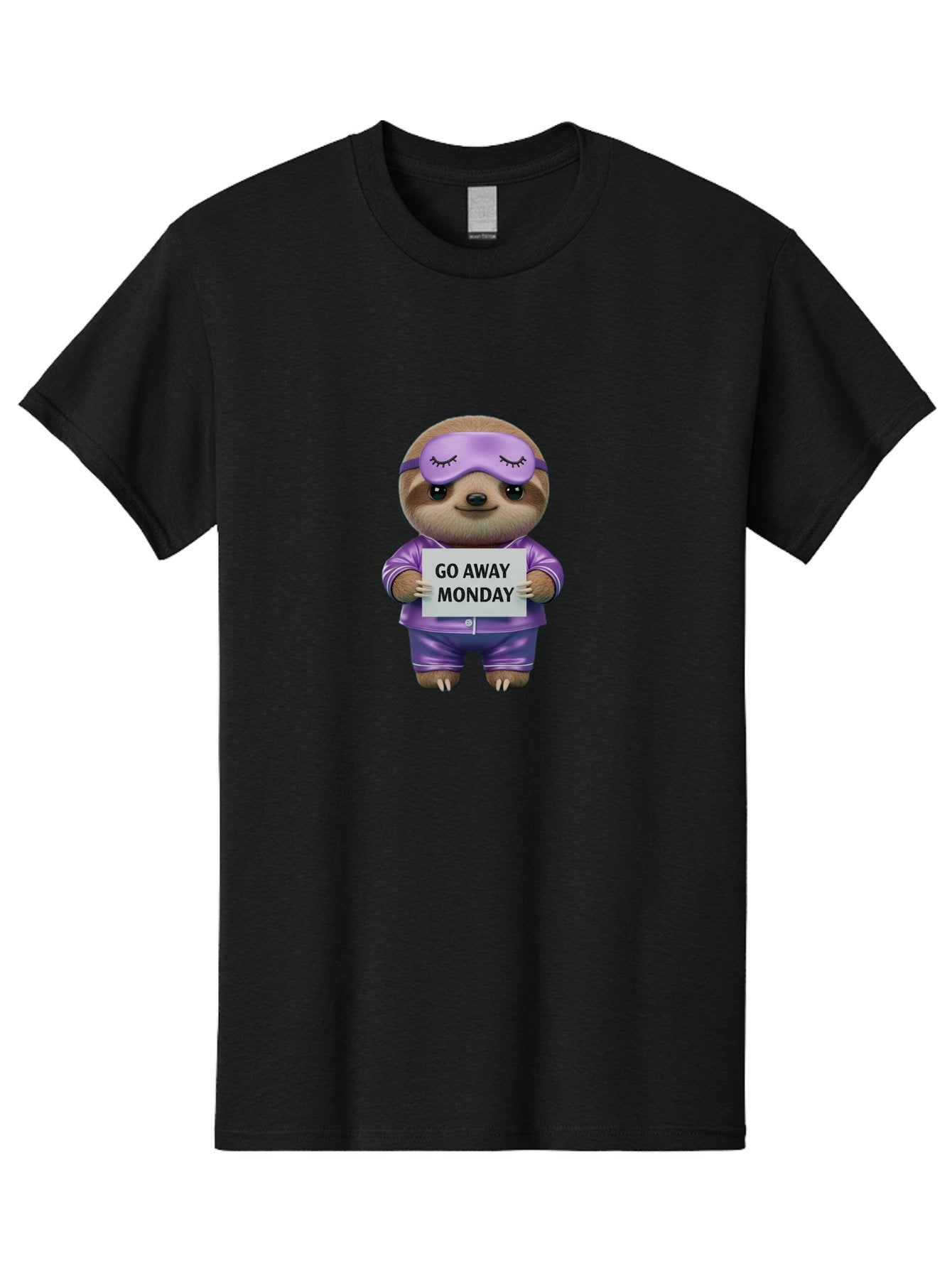 Sloth-Go-Away-Monday-1 Men'S Graphic Tee, 100% Cotton, Comfortable Casual Summer Wear, Machine Washable, Funny Sloth, Cartoon Character, Go Away Monday Sign, Lazy Animal, Purple Pajamas, Sleep Mask, Humorous Illustration, Relaxing Vibe, Bae753 15