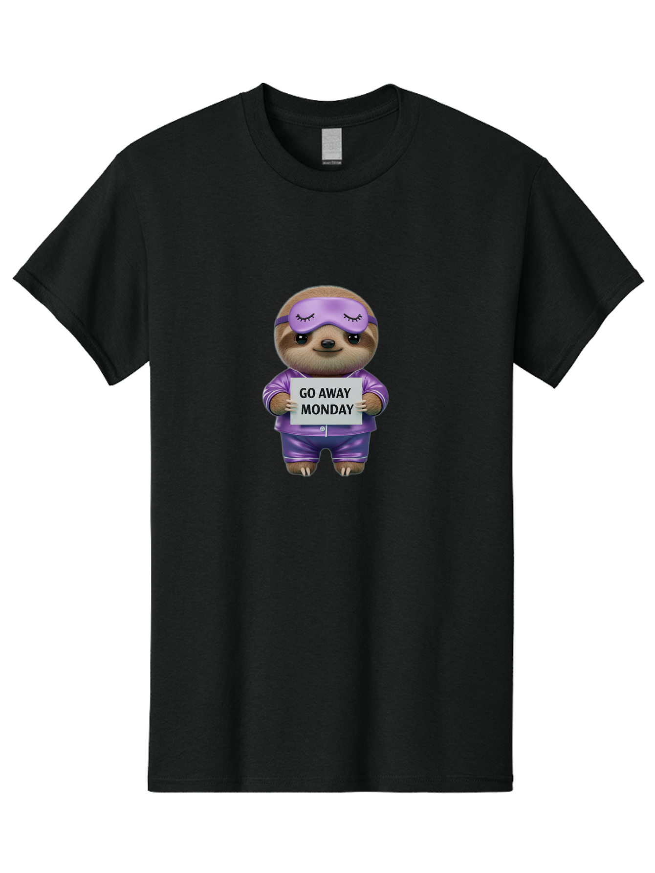 Sloth-Go-Away-Monday-1 Men'S Graphic Tee, 100% Cotton, Comfortable Casual Summer Wear, Machine Washable, Funny Sloth, Cartoon Character, Go Away Monday Sign, Lazy Animal, Purple Pajamas, Sleep Mask, Humorous Illustration, Relaxing Vibe, Bae753