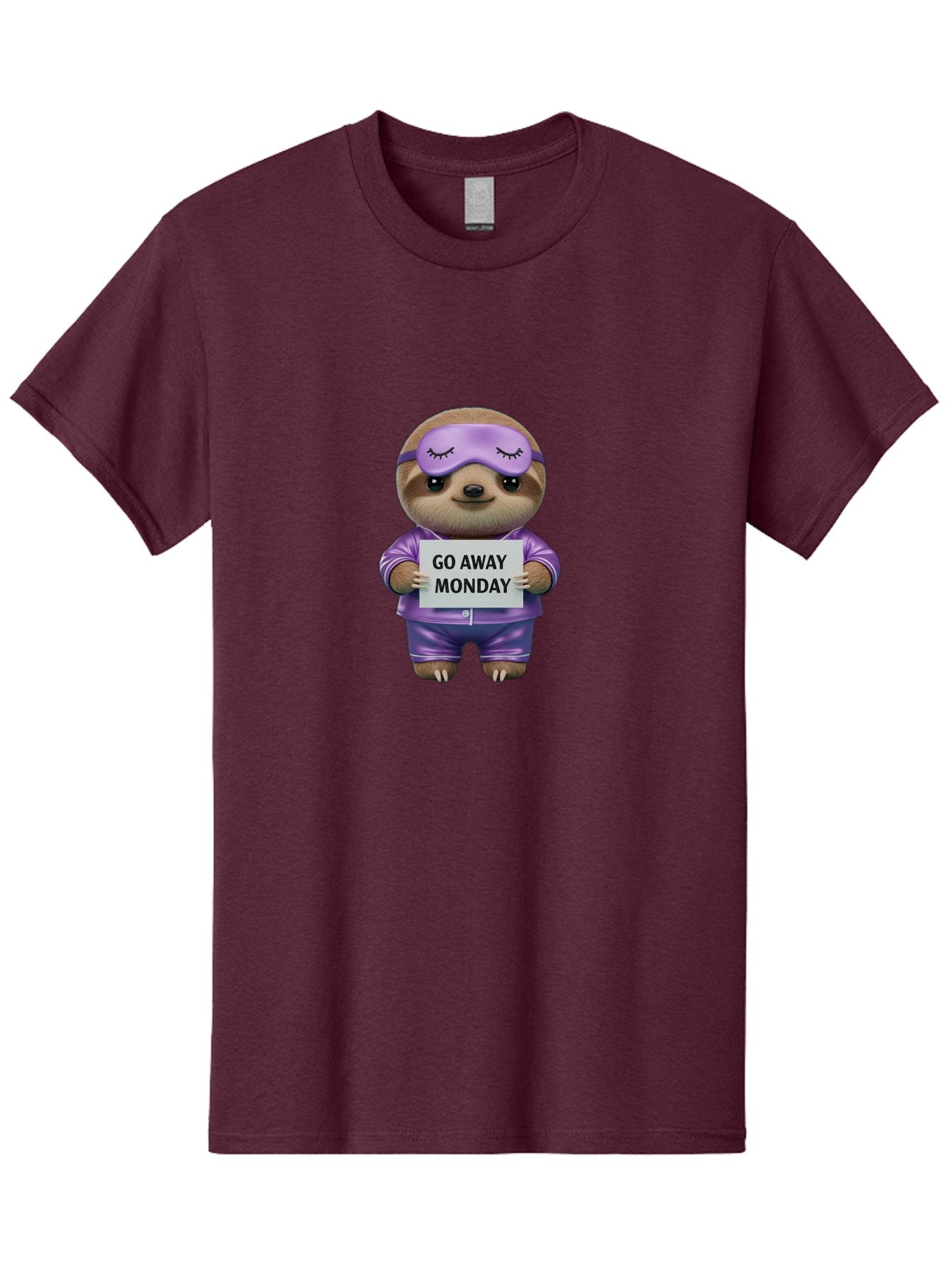 Sloth-Go-Away-Monday-1 Men'S Graphic Tee, 100% Cotton, Comfortable Casual Summer Wear, Machine Washable, Funny Sloth, Cartoon Character, Go Away Monday Sign, Lazy Animal, Purple Pajamas, Sleep Mask, Humorous Illustration, Relaxing Vibe, Bae753 4