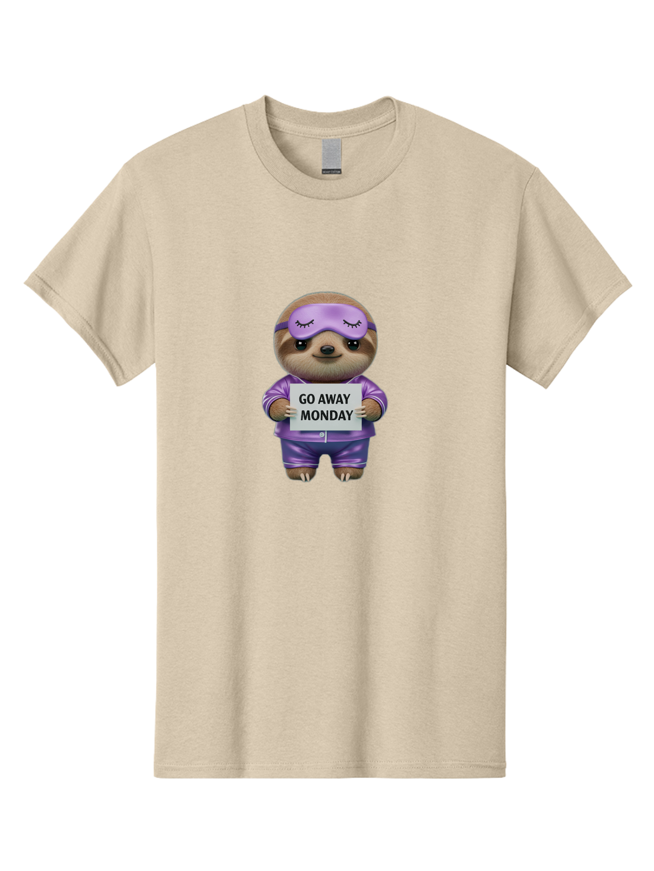 Sloth-Go-Away-Monday-1 Men'S Graphic Tee, 100% Cotton, Comfortable Casual Summer Wear, Machine Washable, Funny Sloth, Cartoon Character, Go Away Monday Sign, Lazy Animal, Purple Pajamas, Sleep Mask, Humorous Illustration, Relaxing Vibe, Bae753