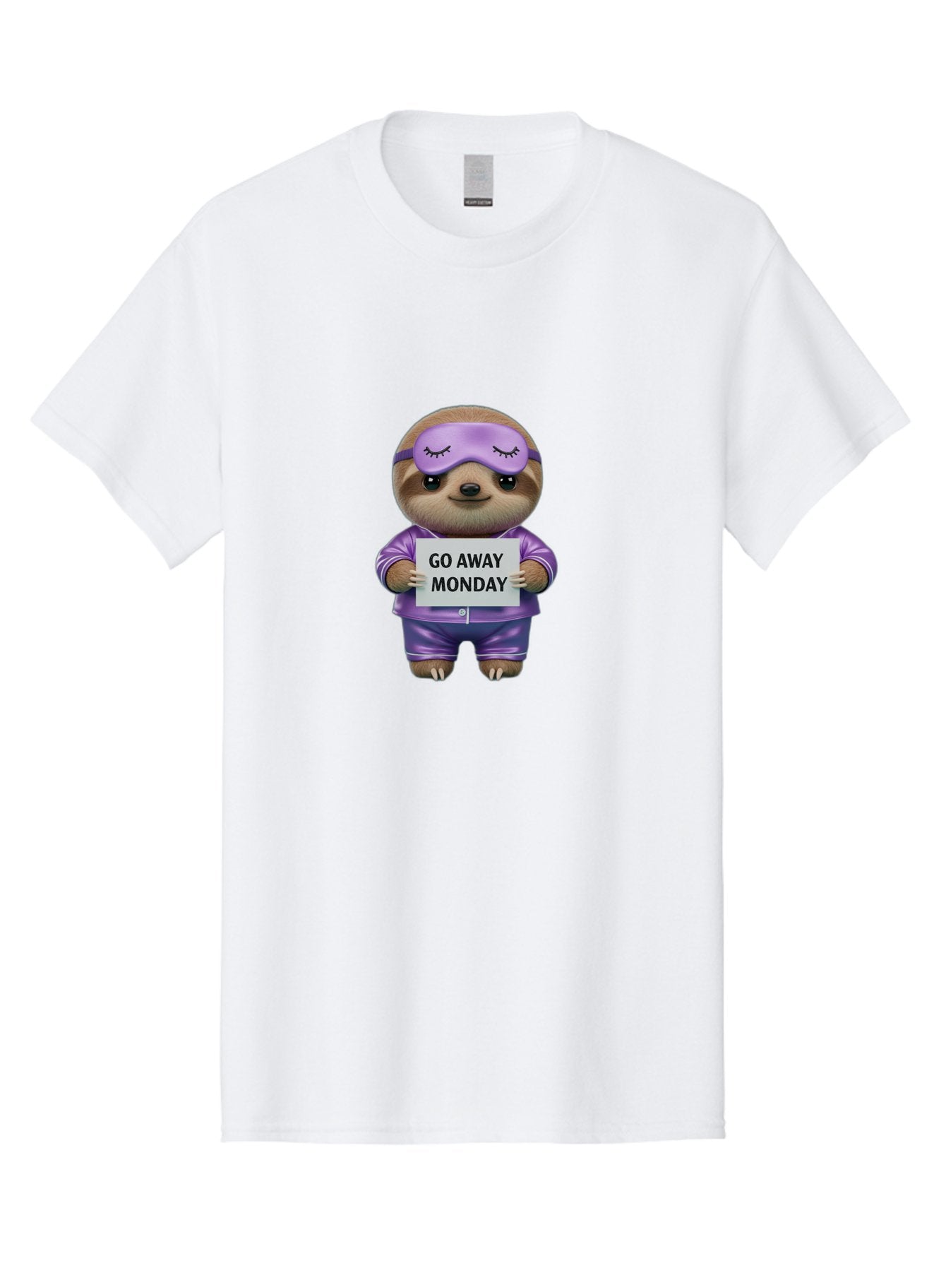 Sloth-Go-Away-Monday-1 Men'S Graphic Tee, 100% Cotton, Comfortable Casual Summer Wear, Machine Washable, Funny Sloth, Cartoon Character, Go Away Monday Sign, Lazy Animal, Purple Pajamas, Sleep Mask, Humorous Illustration, Relaxing Vibe, Bae753 10