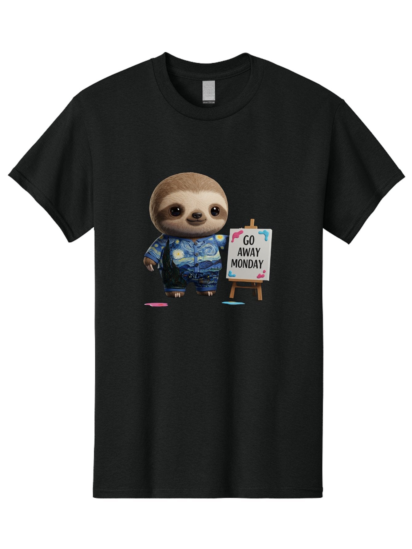 Sloth-Go-Away-Monday-2 Men'S Graphic Tee, 100% Cotton, Comfortable Casual Summer Wear, Machine Washable, Funny Sloth Meme, Monday Motivation, Art Humor, Creative Sloth, Van Gogh-Inspired Outfit, Humorous Canvas, Quirky Character, Monday Blues, Bae754 10