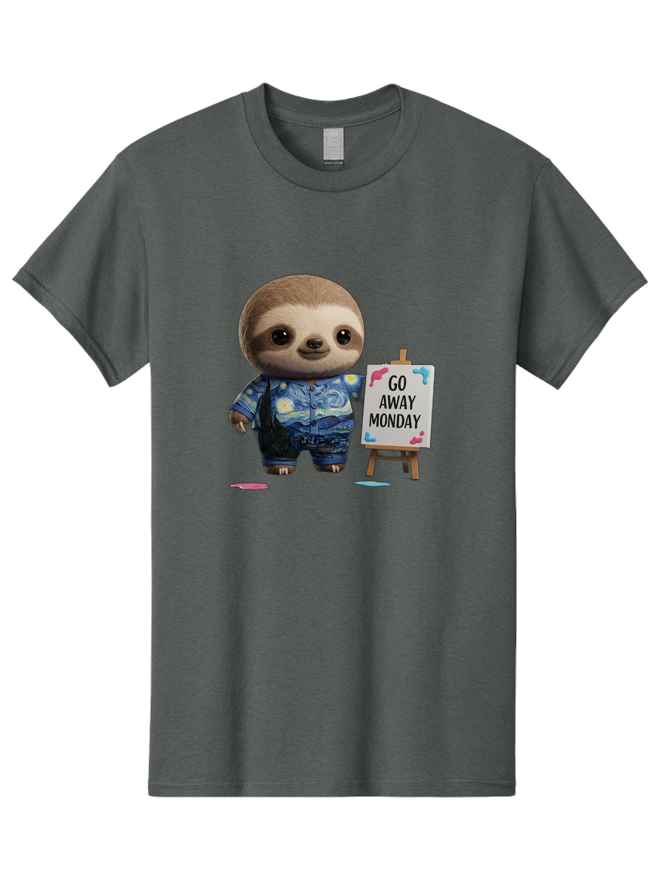 Sloth-Go-Away-Monday-2 Men'S Graphic Tee, 100% Cotton, Comfortable Casual Summer Wear, Machine Washable, Funny Sloth Meme, Monday Motivation, Art Humor, Creative Sloth, Van Gogh-Inspired Outfit, Humorous Canvas, Quirky Character, Monday Blues, Bae754 8