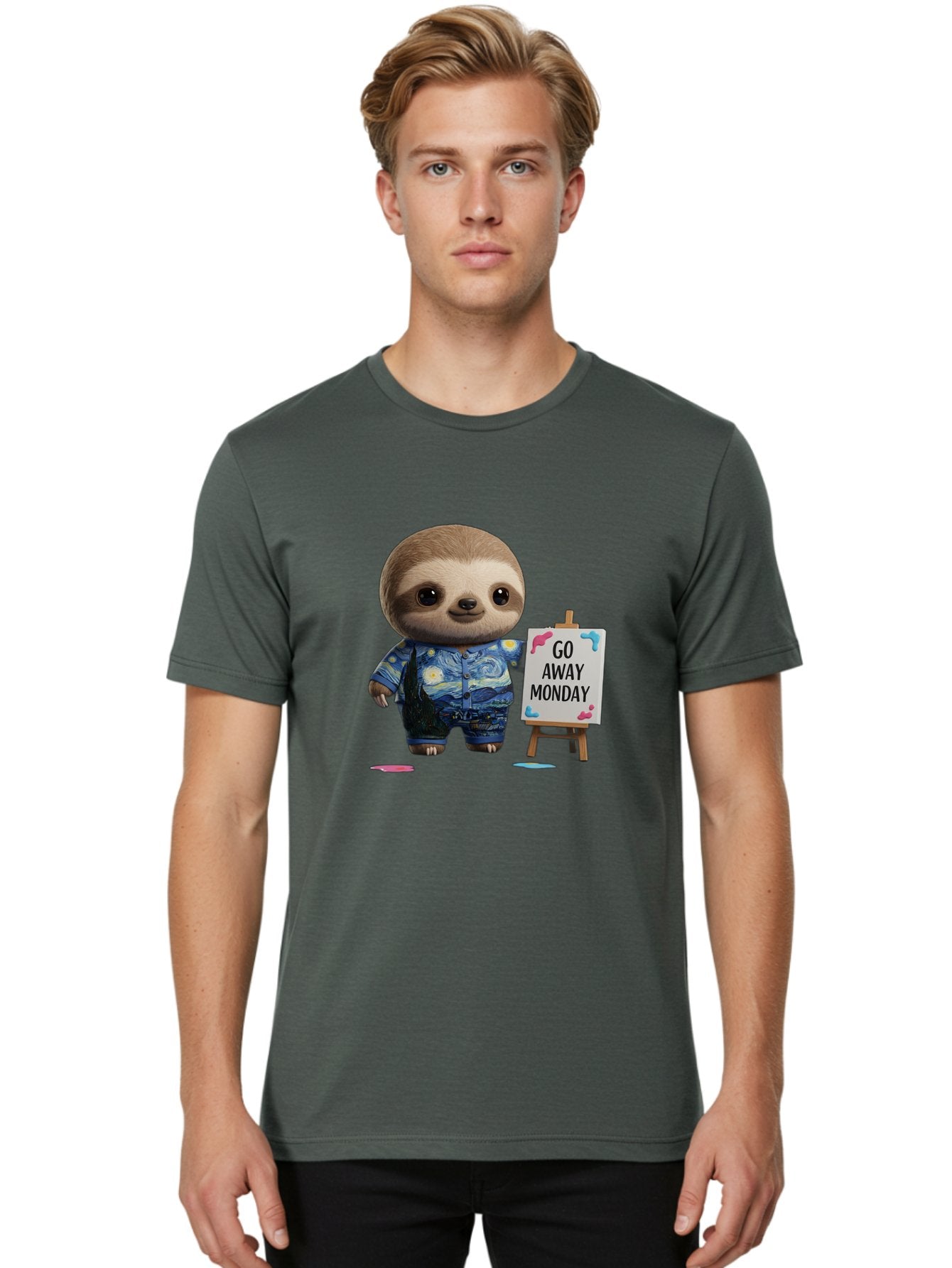 Sloth-Go-Away-Monday-2 Men'S Graphic Tee, 100% Cotton, Comfortable Casual Summer Wear, Machine Washable, Funny Sloth Meme, Monday Motivation, Art Humor, Creative Sloth, Van Gogh-Inspired Outfit, Humorous Canvas, Quirky Character, Monday Blues, Bae754 25