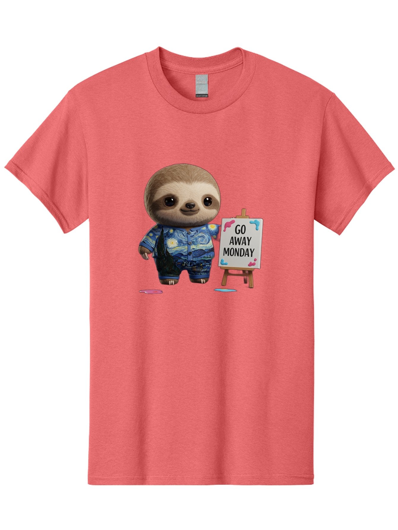 Sloth-Go-Away-Monday-2 Men'S Graphic Tee, 100% Cotton, Comfortable Casual Summer Wear, Machine Washable, Funny Sloth Meme, Monday Motivation, Art Humor, Creative Sloth, Van Gogh-Inspired Outfit, Humorous Canvas, Quirky Character, Monday Blues, Bae754 12