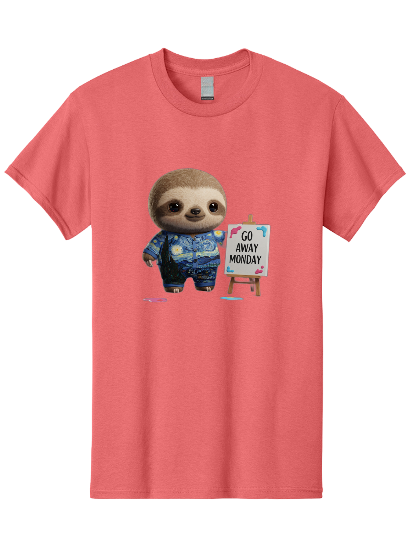 Sloth-Go-Away-Monday-2 Men'S Graphic Tee, 100% Cotton, Comfortable Casual Summer Wear, Machine Washable, Funny Sloth Meme, Monday Motivation, Art Humor, Creative Sloth, Van Gogh-Inspired Outfit, Humorous Canvas, Quirky Character, Monday Blues, Bae754 3