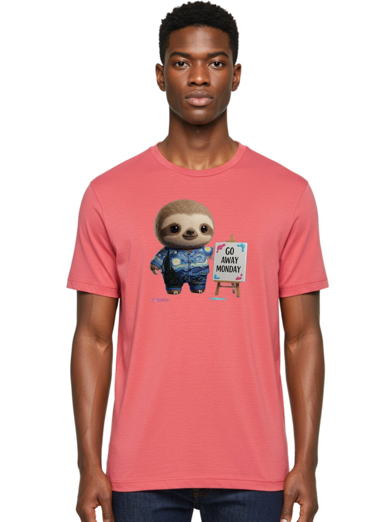 Sloth-Go-Away-Monday-2 Men'S Graphic Tee, 100% Cotton, Comfortable Casual Summer Wear, Machine Washable, Funny Sloth Meme, Monday Motivation, Art Humor, Creative Sloth, Van Gogh-Inspired Outfit, Humorous Canvas, Quirky Character, Monday Blues, Bae754 28