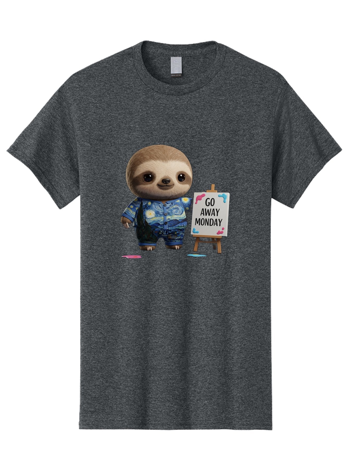 Sloth-Go-Away-Monday-2 Men'S Graphic Tee, 100% Cotton, Comfortable Casual Summer Wear, Machine Washable, Funny Sloth Meme, Monday Motivation, Art Humor, Creative Sloth, Van Gogh-Inspired Outfit, Humorous Canvas, Quirky Character, Monday Blues, Bae754 4