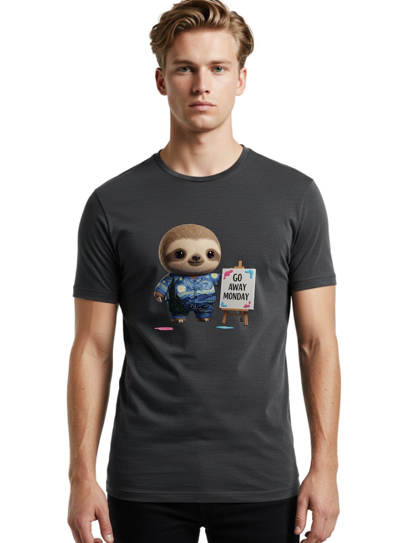 Sloth-Go-Away-Monday-2 Men'S Graphic Tee, 100% Cotton, Comfortable Casual Summer Wear, Machine Washable, Funny Sloth Meme, Monday Motivation, Art Humor, Creative Sloth, Van Gogh-Inspired Outfit, Humorous Canvas, Quirky Character, Monday Blues, Bae754 18