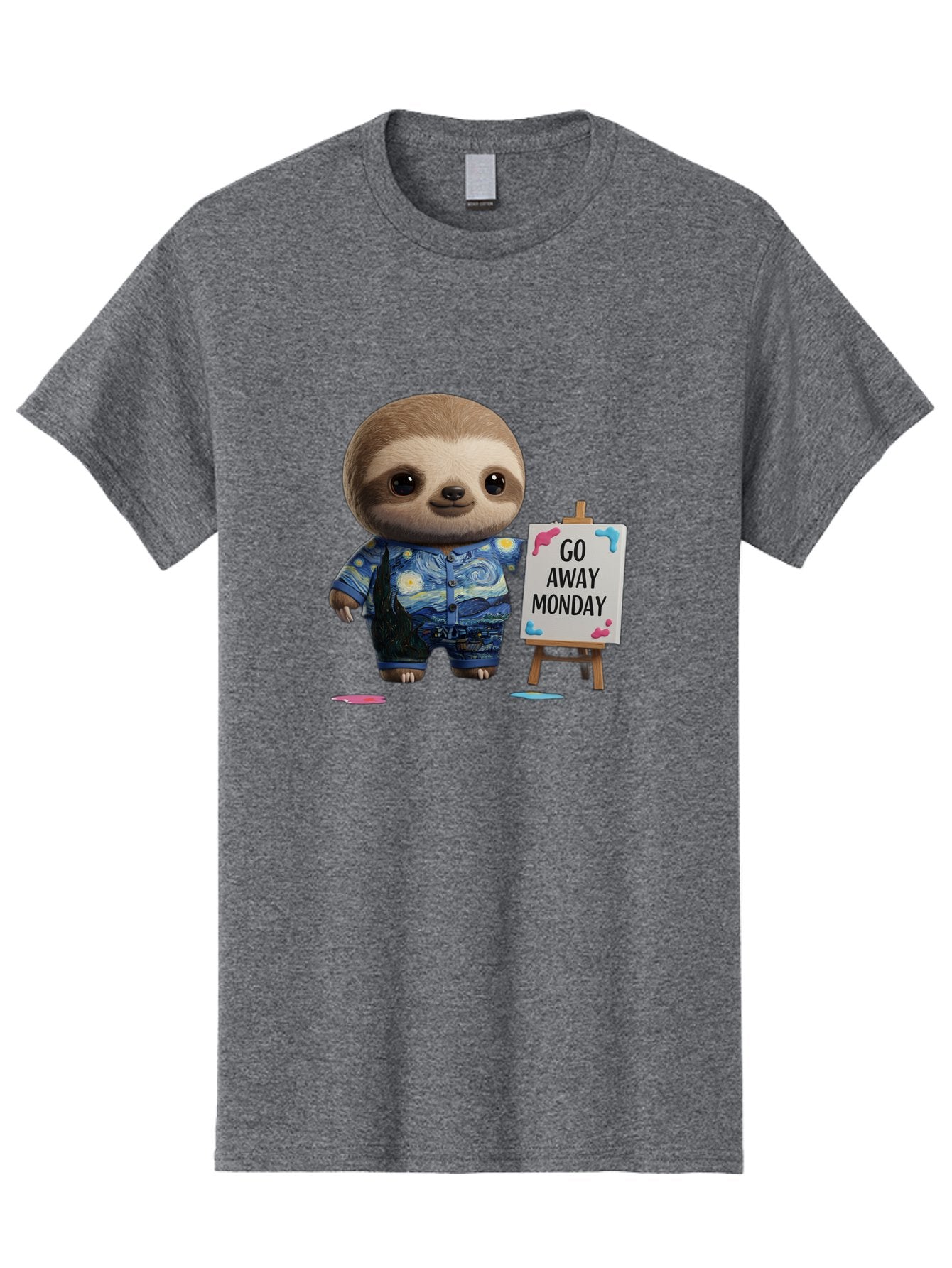 Sloth-Go-Away-Monday-2 Men'S Graphic Tee, 100% Cotton, Comfortable Casual Summer Wear, Machine Washable, Funny Sloth Meme, Monday Motivation, Art Humor, Creative Sloth, Van Gogh-Inspired Outfit, Humorous Canvas, Quirky Character, Monday Blues, Bae754 13