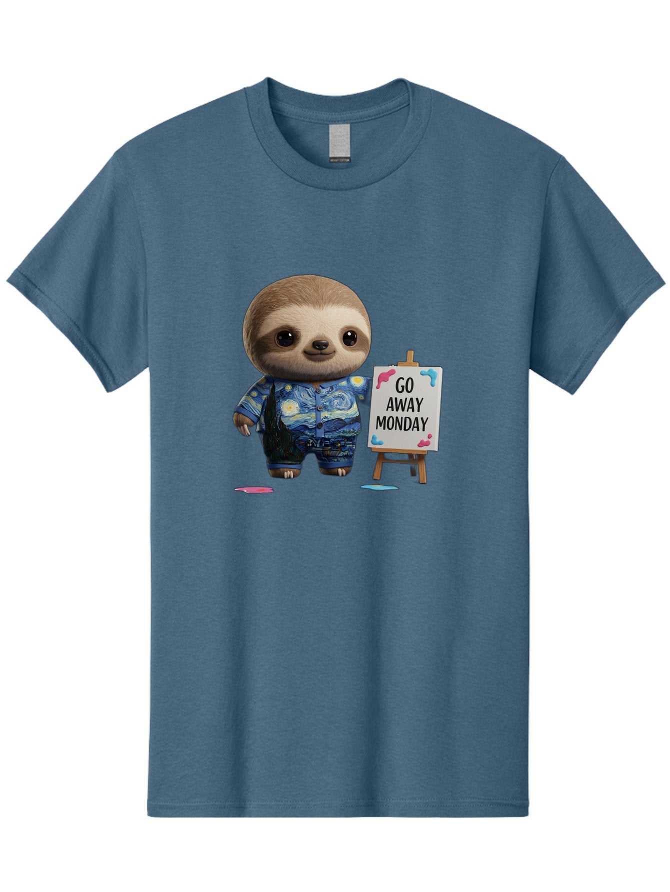 Sloth-Go-Away-Monday-2 Men'S Graphic Tee, 100% Cotton, Comfortable Casual Summer Wear, Machine Washable, Funny Sloth Meme, Monday Motivation, Art Humor, Creative Sloth, Van Gogh-Inspired Outfit, Humorous Canvas, Quirky Character, Monday Blues, Bae754 7