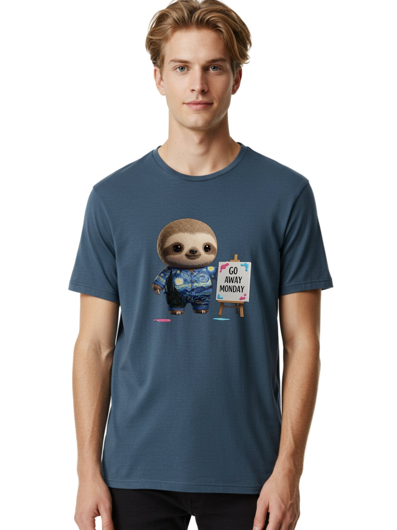 Sloth-Go-Away-Monday-2 Men'S Graphic Tee, 100% Cotton, Comfortable Casual Summer Wear, Machine Washable, Funny Sloth Meme, Monday Motivation, Art Humor, Creative Sloth, Van Gogh-Inspired Outfit, Humorous Canvas, Quirky Character, Monday Blues, Bae754 16