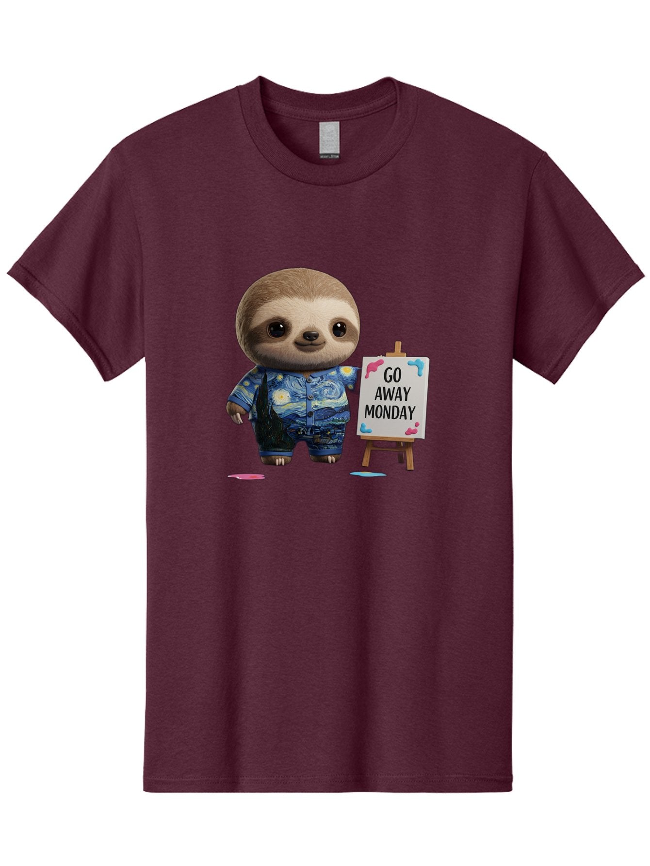 Sloth-Go-Away-Monday-2 Men'S Graphic Tee, 100% Cotton, Comfortable Casual Summer Wear, Machine Washable, Funny Sloth Meme, Monday Motivation, Art Humor, Creative Sloth, Van Gogh-Inspired Outfit, Humorous Canvas, Quirky Character, Monday Blues, Bae754 14
