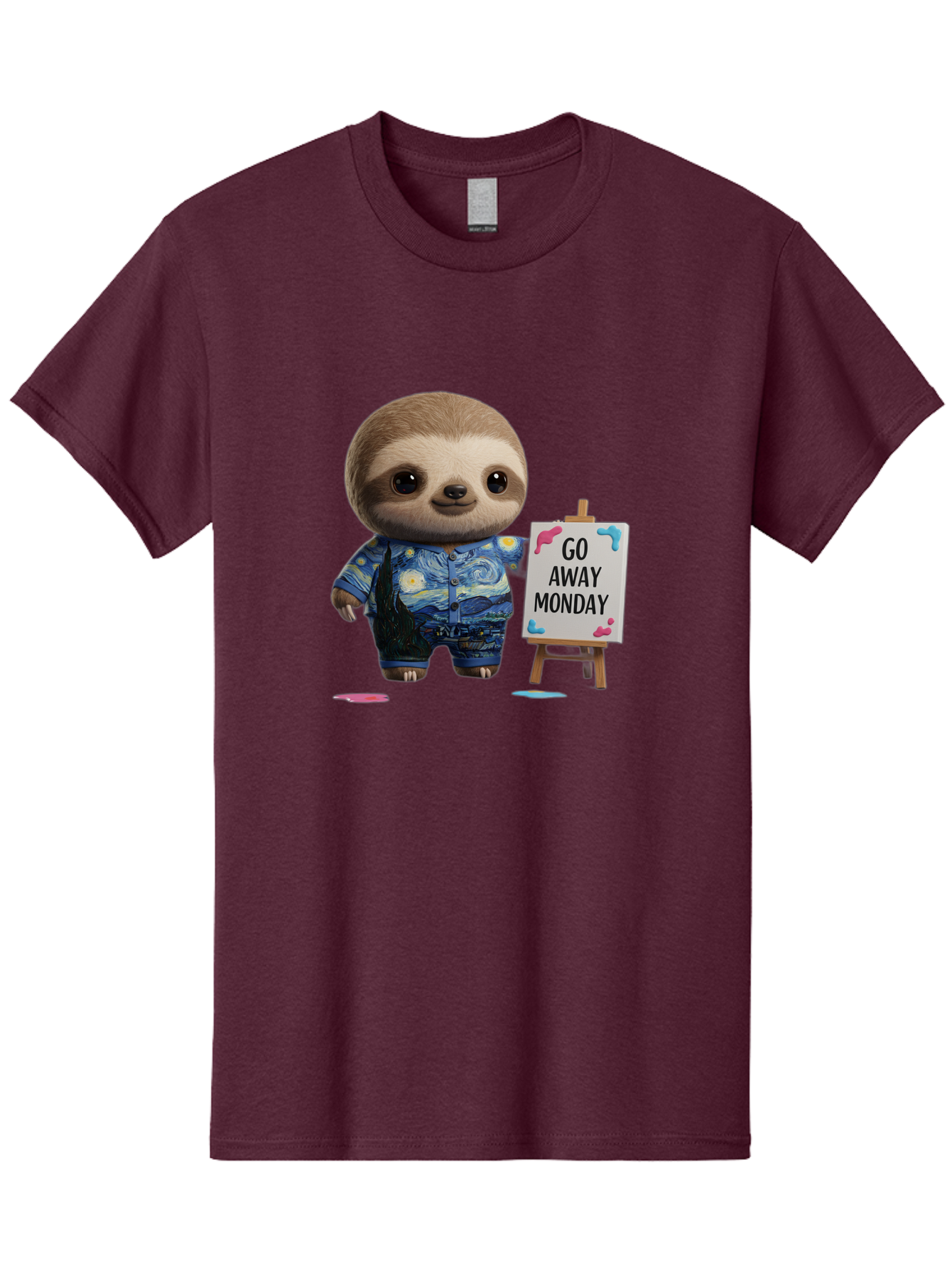 Sloth-Go-Away-Monday-2 Men'S Graphic Tee, 100% Cotton, Comfortable Casual Summer Wear, Machine Washable, Funny Sloth Meme, Monday Motivation, Art Humor, Creative Sloth, Van Gogh-Inspired Outfit, Humorous Canvas, Quirky Character, Monday Blues, Bae754