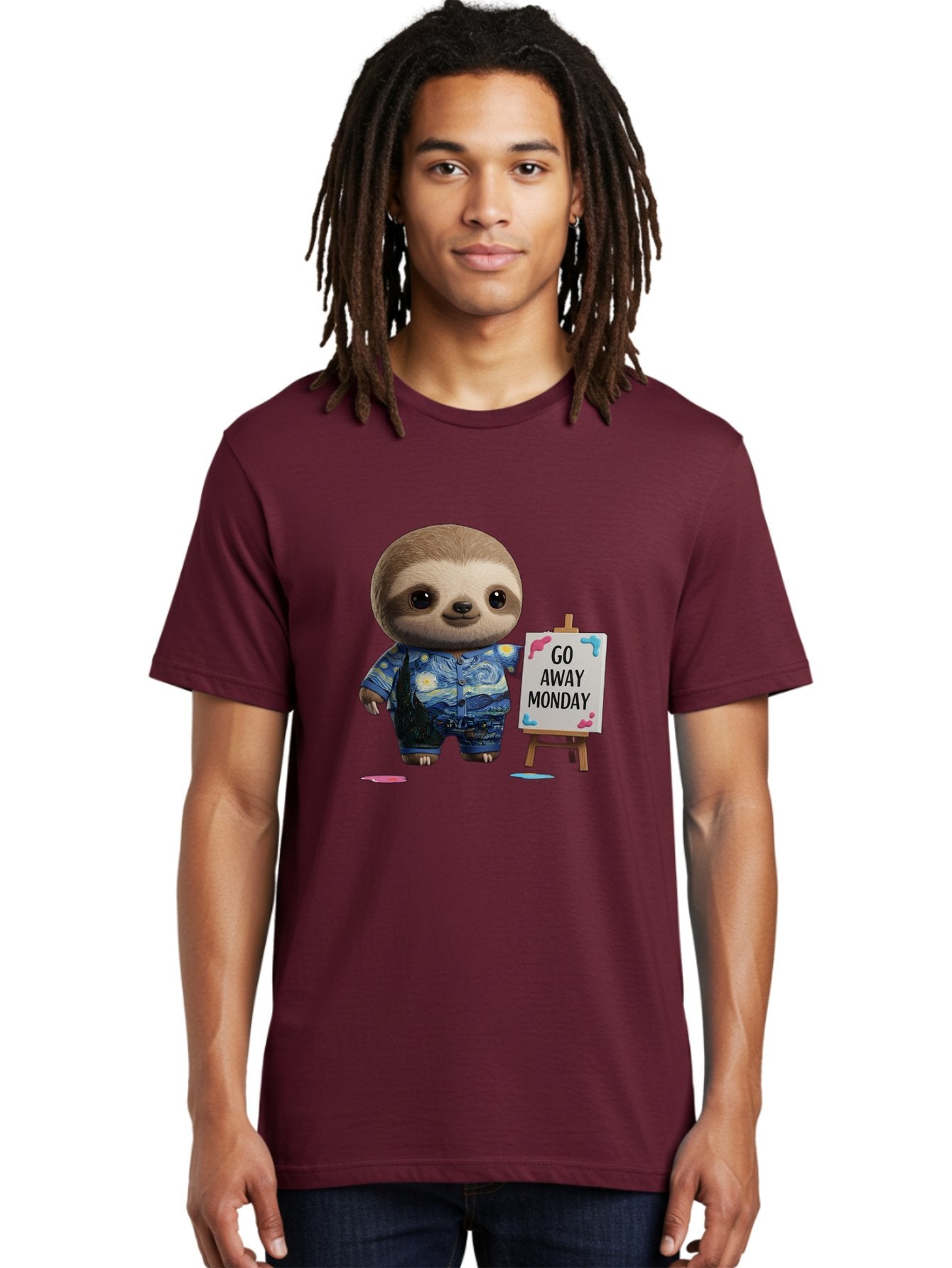Sloth-Go-Away-Monday-2 Men'S Graphic Tee, 100% Cotton, Comfortable Casual Summer Wear, Machine Washable, Funny Sloth Meme, Monday Motivation, Art Humor, Creative Sloth, Van Gogh-Inspired Outfit, Humorous Canvas, Quirky Character, Monday Blues, Bae754 29