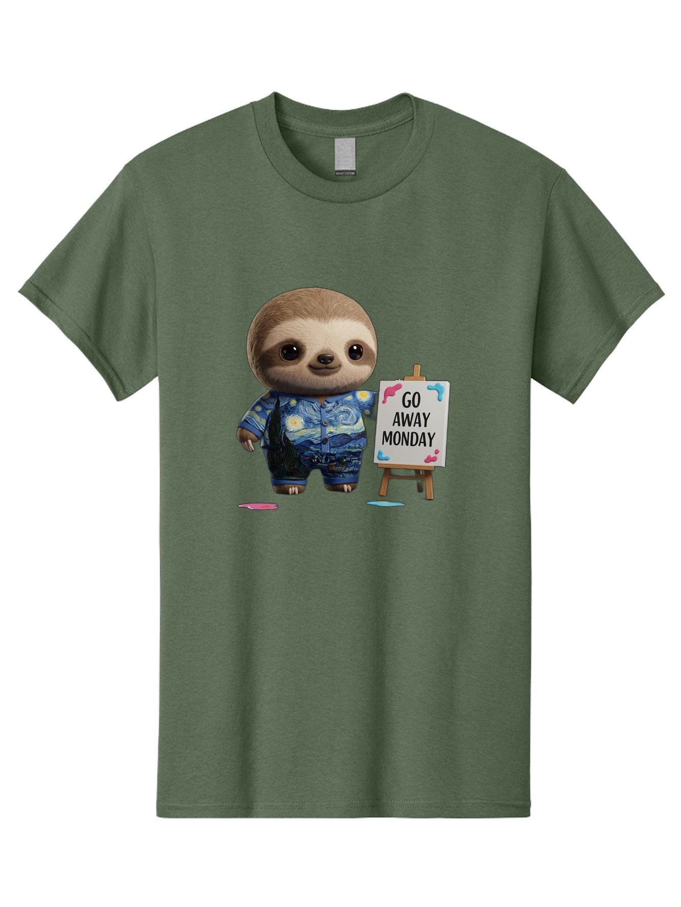 Sloth-Go-Away-Monday-2 Men'S Graphic Tee, 100% Cotton, Comfortable Casual Summer Wear, Machine Washable, Funny Sloth Meme, Monday Motivation, Art Humor, Creative Sloth, Van Gogh-Inspired Outfit, Humorous Canvas, Quirky Character, Monday Blues, Bae754 11