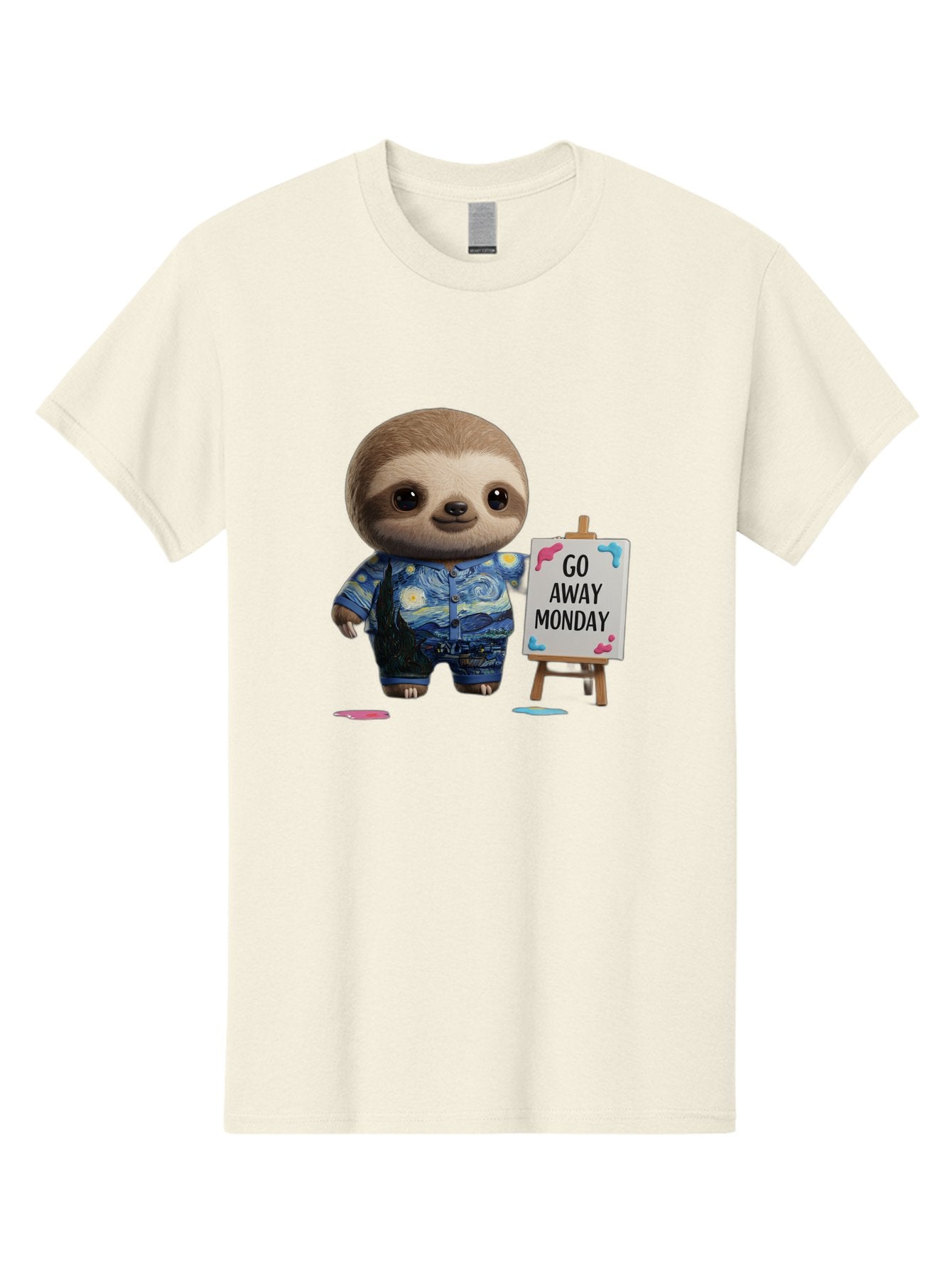 Sloth-Go-Away-Monday-2 Men'S Graphic Tee, 100% Cotton, Comfortable Casual Summer Wear, Machine Washable, Funny Sloth Meme, Monday Motivation, Art Humor, Creative Sloth, Van Gogh-Inspired Outfit, Humorous Canvas, Quirky Character, Monday Blues, Bae754 9