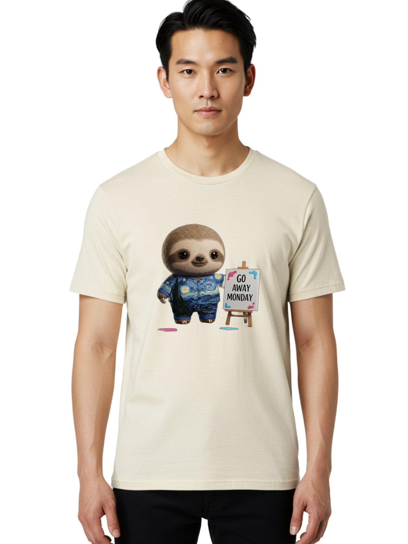Sloth-Go-Away-Monday-2 Men'S Graphic Tee, 100% Cotton, Comfortable Casual Summer Wear, Machine Washable, Funny Sloth Meme, Monday Motivation, Art Humor, Creative Sloth, Van Gogh-Inspired Outfit, Humorous Canvas, Quirky Character, Monday Blues, Bae754 26