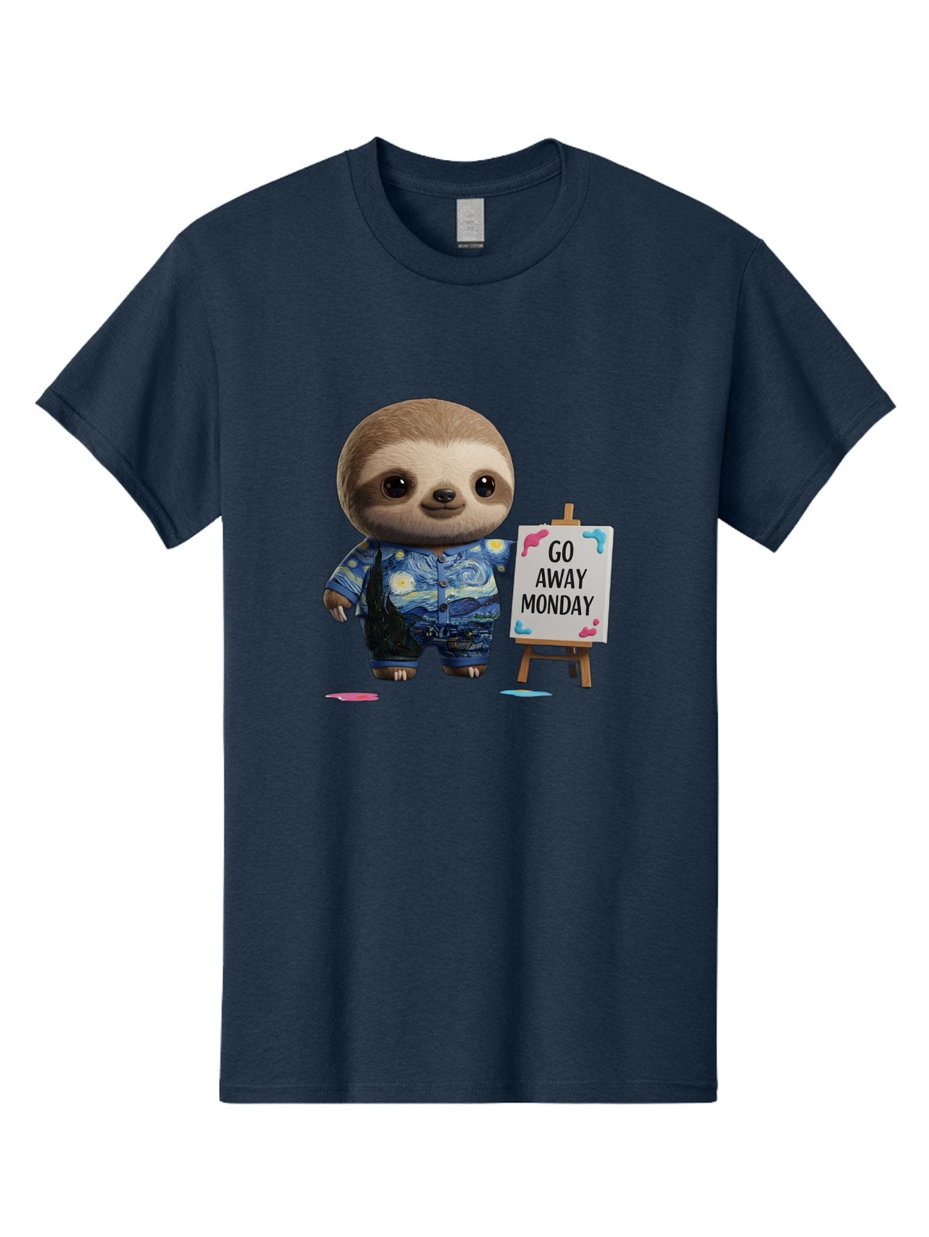 Sloth-Go-Away-Monday-2 Men'S Graphic Tee, 100% Cotton, Comfortable Casual Summer Wear, Machine Washable, Funny Sloth Meme, Monday Motivation, Art Humor, Creative Sloth, Van Gogh-Inspired Outfit, Humorous Canvas, Quirky Character, Monday Blues, Bae754