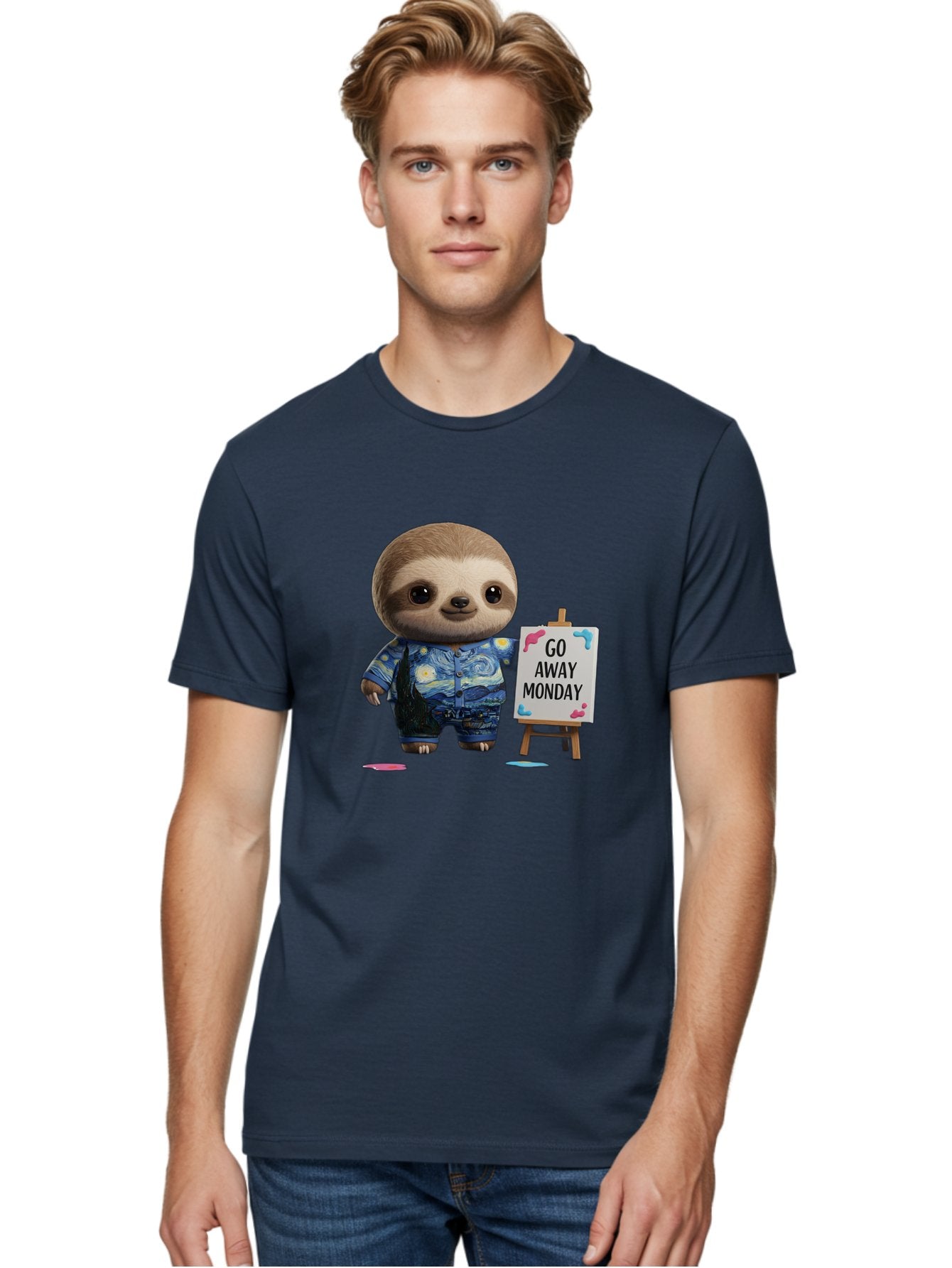 Sloth-Go-Away-Monday-2 Men'S Graphic Tee, 100% Cotton, Comfortable Casual Summer Wear, Machine Washable, Funny Sloth Meme, Monday Motivation, Art Humor, Creative Sloth, Van Gogh-Inspired Outfit, Humorous Canvas, Quirky Character, Monday Blues, Bae754 19