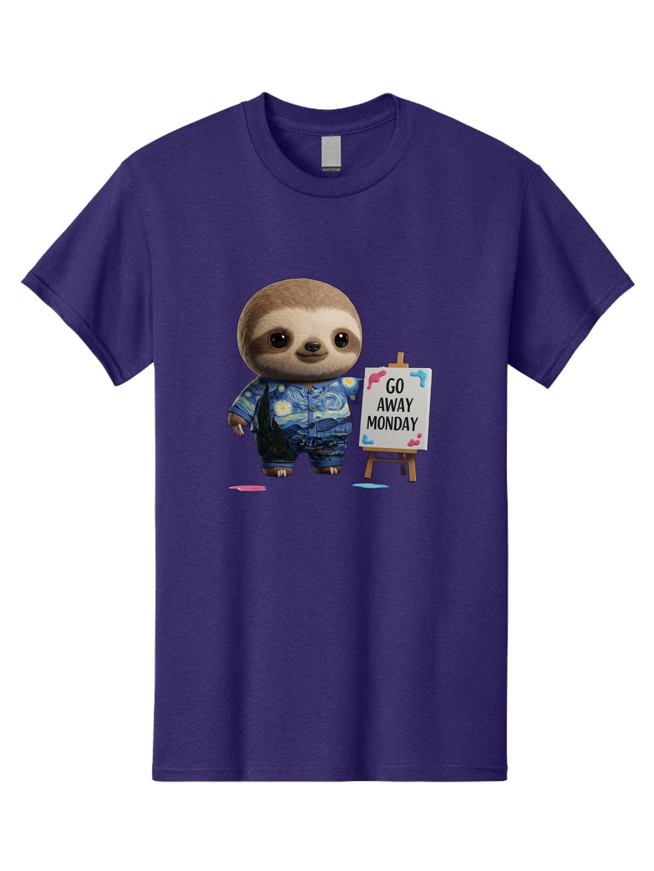 Sloth-Go-Away-Monday-2 Men'S Graphic Tee, 100% Cotton, Comfortable Casual Summer Wear, Machine Washable, Funny Sloth Meme, Monday Motivation, Art Humor, Creative Sloth, Van Gogh-Inspired Outfit, Humorous Canvas, Quirky Character, Monday Blues, Bae754 15