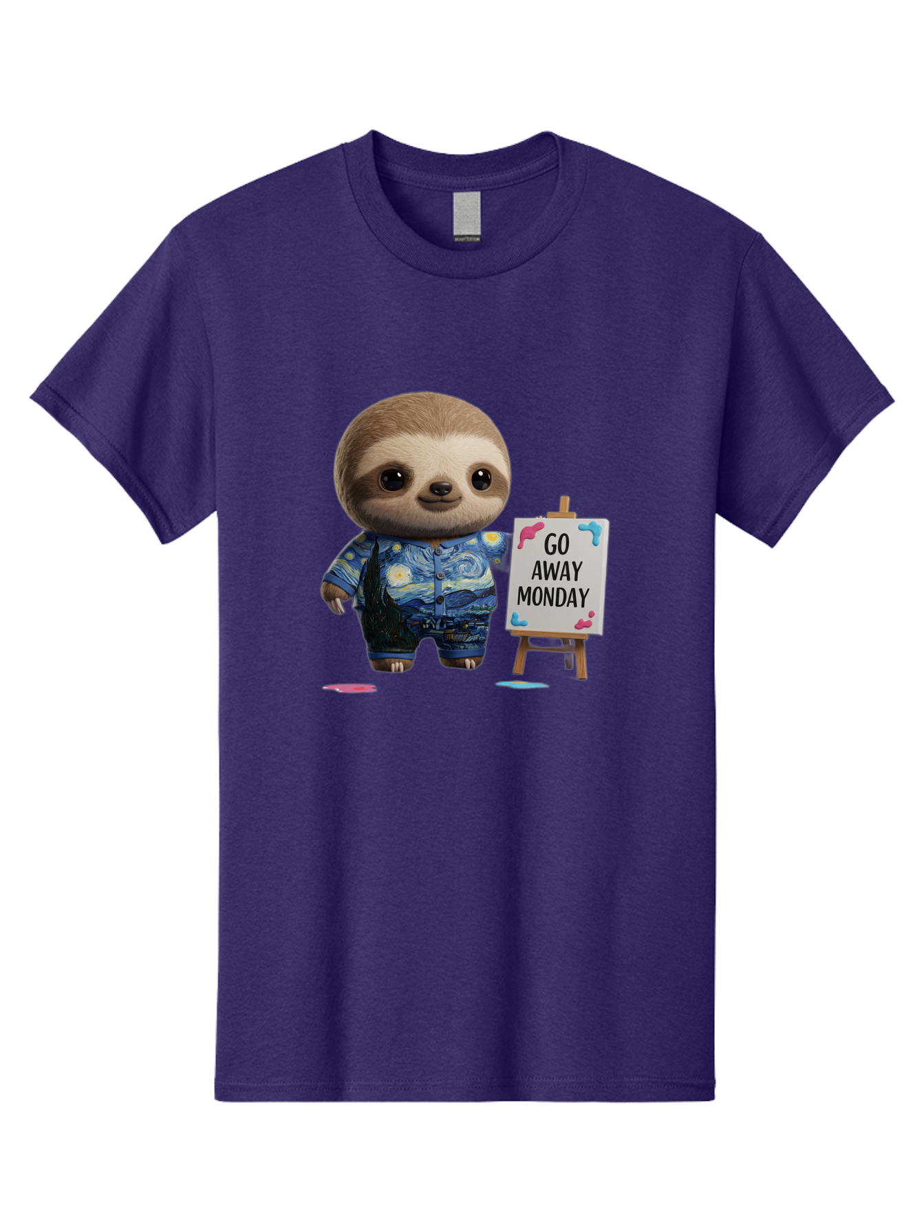 Sloth-Go-Away-Monday-2 Men'S Graphic Tee, 100% Cotton, Comfortable Casual Summer Wear, Machine Washable, Funny Sloth Meme, Monday Motivation, Art Humor, Creative Sloth, Van Gogh-Inspired Outfit, Humorous Canvas, Quirky Character, Monday Blues, Bae754