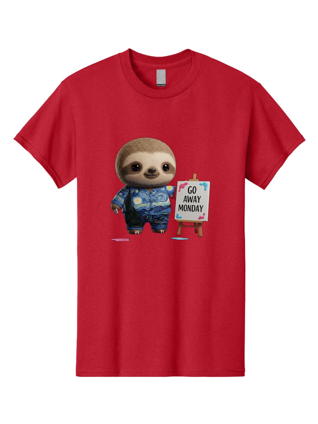 Sloth-Go-Away-Monday-2 Men'S Graphic Tee, 100% Cotton, Comfortable Casual Summer Wear, Machine Washable, Funny Sloth Meme, Monday Motivation, Art Humor, Creative Sloth, Van Gogh-Inspired Outfit, Humorous Canvas, Quirky Character, Monday Blues, Bae754 6