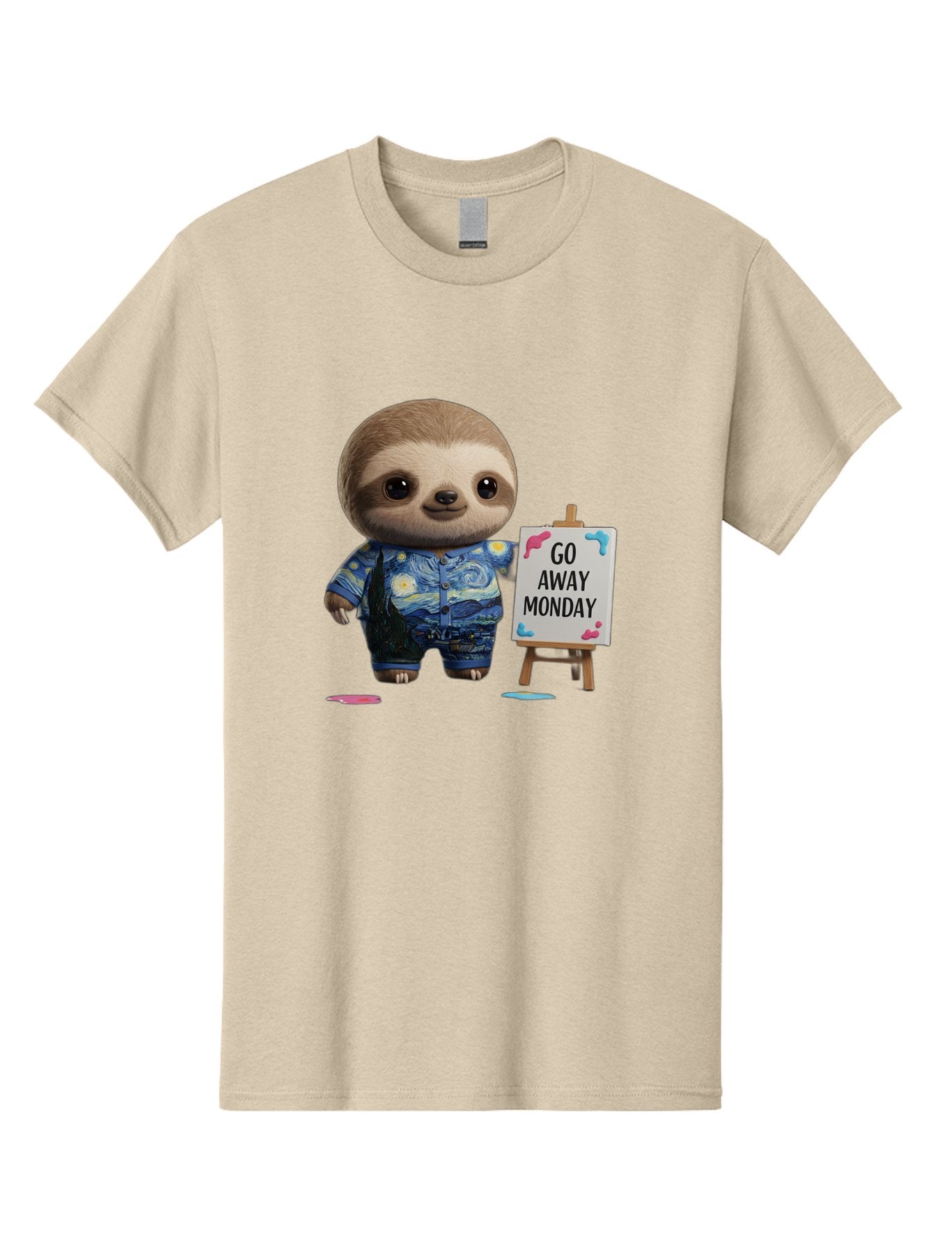 Sloth-Go-Away-Monday-2 Men'S Graphic Tee, 100% Cotton, Comfortable Casual Summer Wear, Machine Washable, Funny Sloth Meme, Monday Motivation, Art Humor, Creative Sloth, Van Gogh-Inspired Outfit, Humorous Canvas, Quirky Character, Monday Blues, Bae754
