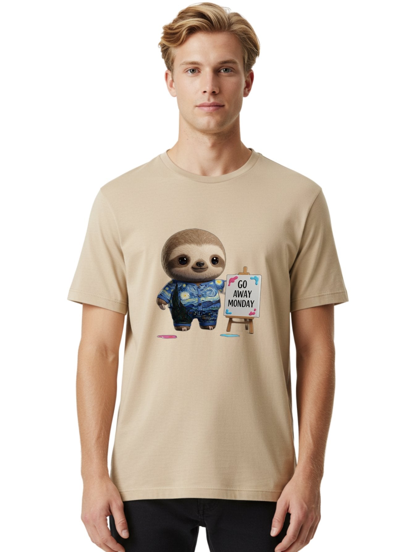 Sloth-Go-Away-Monday-2 Men'S Graphic Tee, 100% Cotton, Comfortable Casual Summer Wear, Machine Washable, Funny Sloth Meme, Monday Motivation, Art Humor, Creative Sloth, Van Gogh-Inspired Outfit, Humorous Canvas, Quirky Character, Monday Blues, Bae754 21