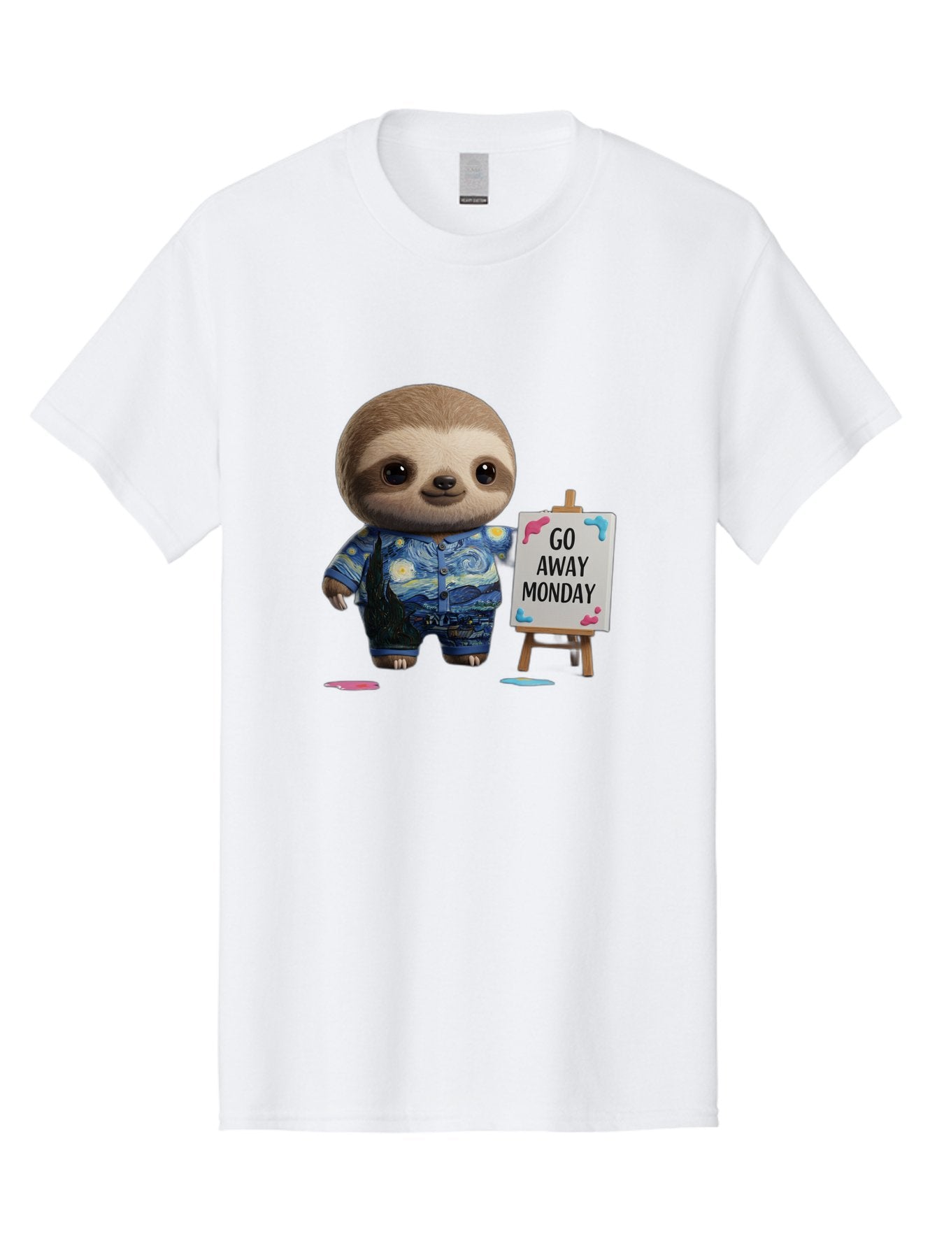 Sloth-Go-Away-Monday-2 Men'S Graphic Tee, 100% Cotton, Comfortable Casual Summer Wear, Machine Washable, Funny Sloth Meme, Monday Motivation, Art Humor, Creative Sloth, Van Gogh-Inspired Outfit, Humorous Canvas, Quirky Character, Monday Blues, Bae754 5