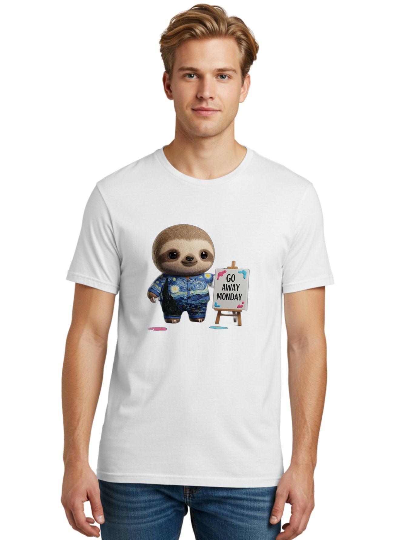 Sloth-Go-Away-Monday-2 Men'S Graphic Tee, 100% Cotton, Comfortable Casual Summer Wear, Machine Washable, Funny Sloth Meme, Monday Motivation, Art Humor, Creative Sloth, Van Gogh-Inspired Outfit, Humorous Canvas, Quirky Character, Monday Blues, Bae754 23