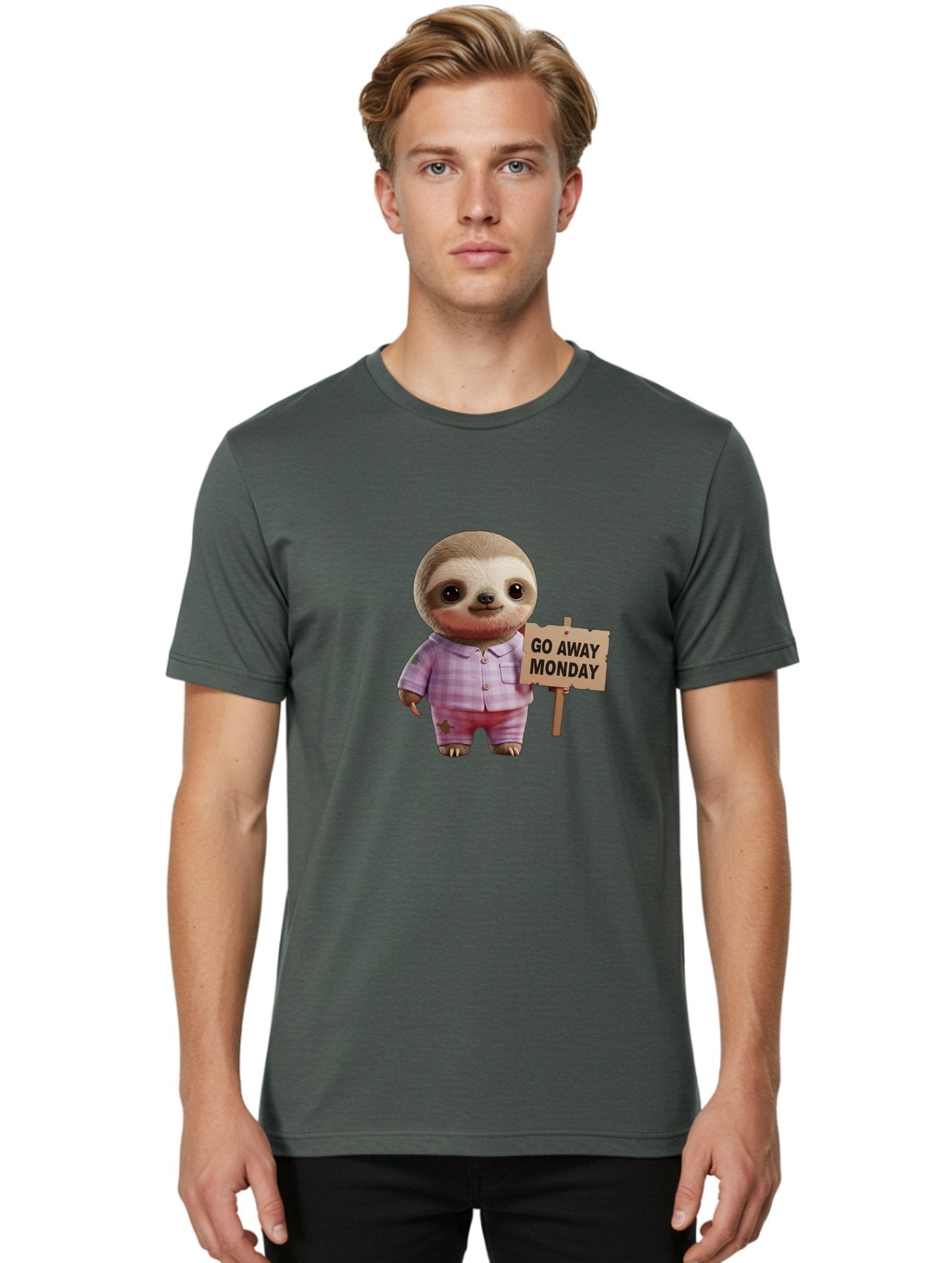 Sloth-Go-Away-Monday Men'S Graphic Tee, 100% Cotton, Comfortable Casual Summer Wear, Machine Washable, Sloth In Pajamas, Cartoon Character, Humorous Illustration, Funny Animal, Monday Motivation, Lazy Sloth, Cute Creature, Playful Design, Bae755 23