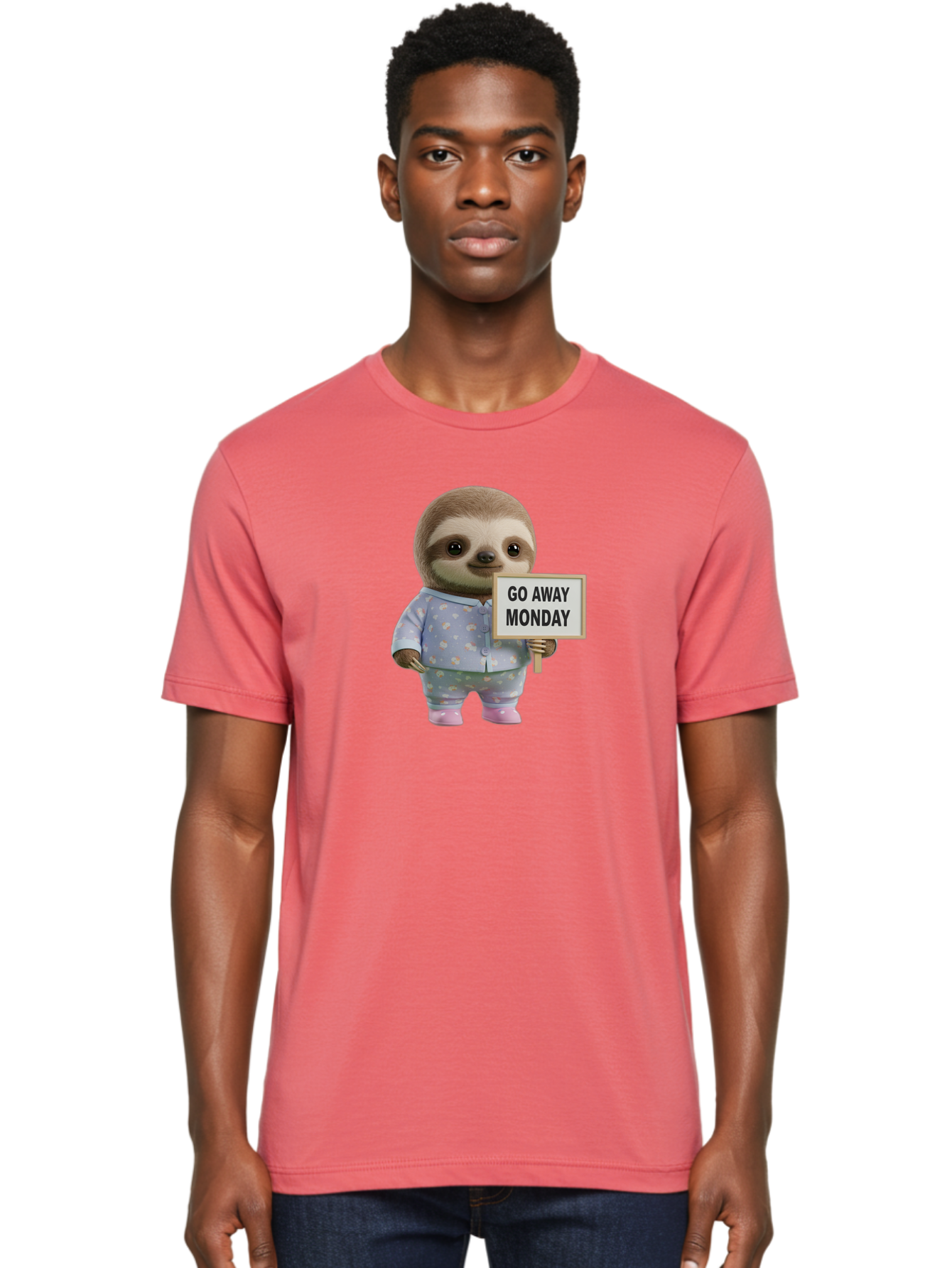 Sloth-Holding-Sign-Go-Away-Monday Men'S Graphic Tee, 100% Cotton, Comfortable Casual Summer Wear, Machine Washable, Sloth In Pajamas, Funny Animal, Cute Sloth, Humorous Sign, Go Away Monday, Lazy Morning, Cartoon Character, Playful Graphics, Bae756 20