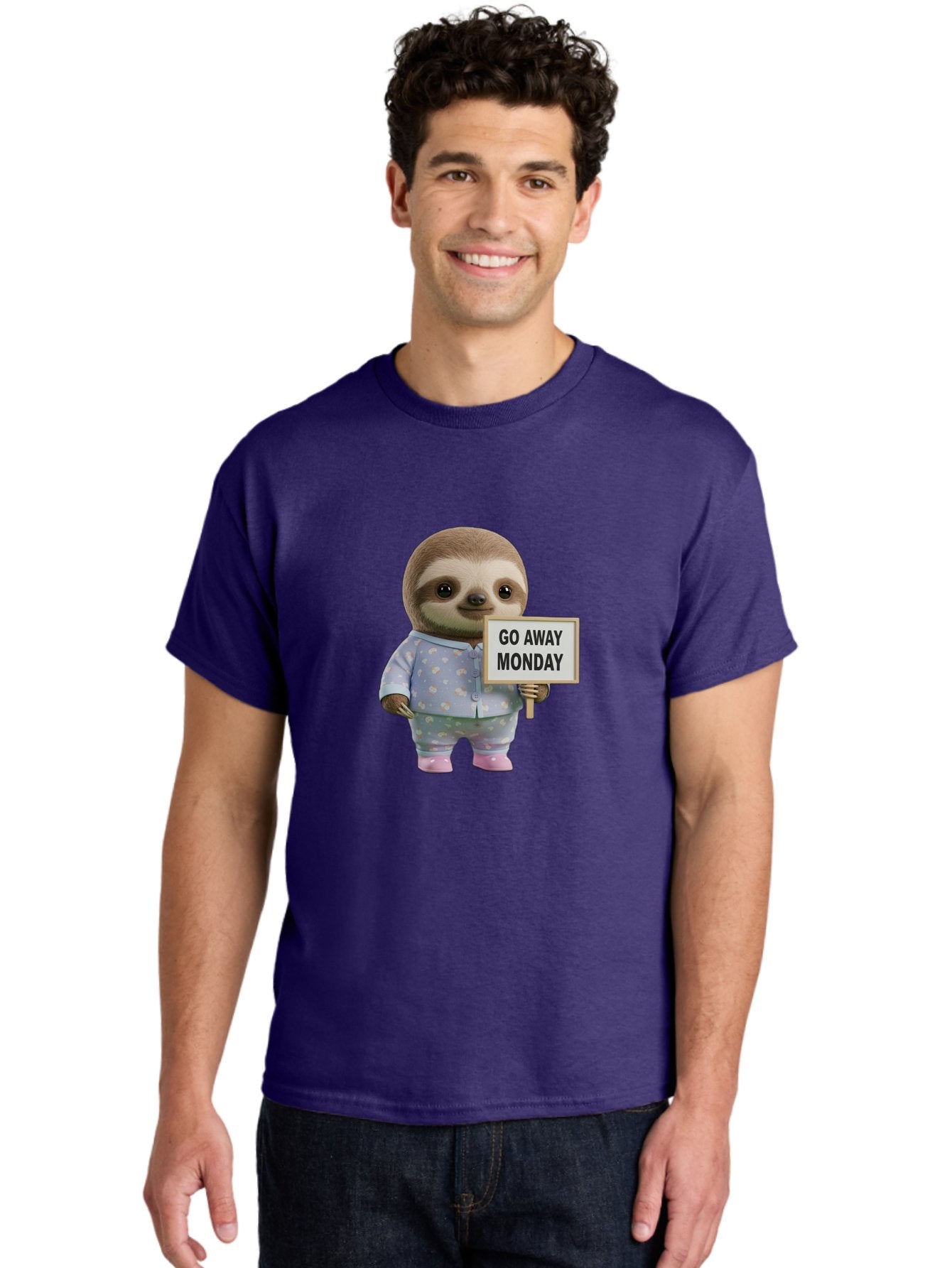 Sloth-Holding-Sign-Go-Away-Monday Men'S Graphic Tee, 100% Cotton, Comfortable Casual Summer Wear, Machine Washable, Sloth In Pajamas, Funny Animal, Cute Sloth, Humorous Sign, Go Away Monday, Lazy Morning, Cartoon Character, Playful Graphics, Bae756 27