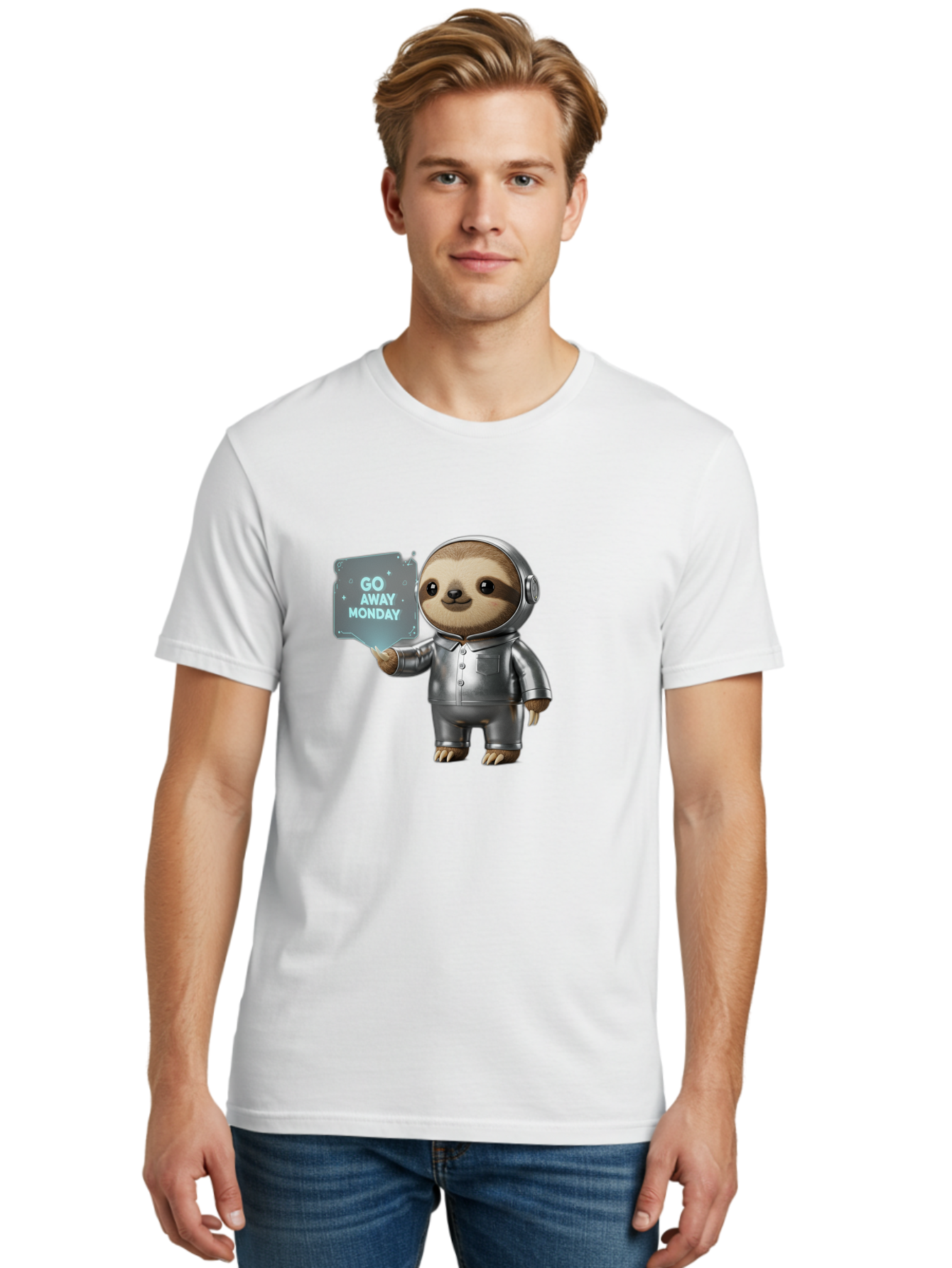 Sloth-In-Space-Suit Men'S Graphic Tee, 100% Cotton, Comfortable Casual Summer Wear, Machine Washable, Sloth In Silver Space Suit, Astronaut Sloth, Motivational Quote, Funny Animal, Humor, Quirky Character, Go Away Monday Bae757 21