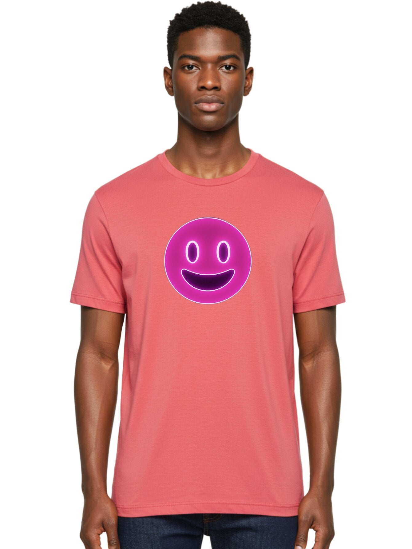 Smiley-Face Men'S Graphic Tee, 100% Cotton, Comfortable Casual Summer Wear, Machine Washable, Smiley Face, Happy Expression, Purple Emoticon, Neon Glow, Simple Design, Positive Vibe, Emotive Icon, Social Media Symbol, Emoticon, Happiness, Bae760 18