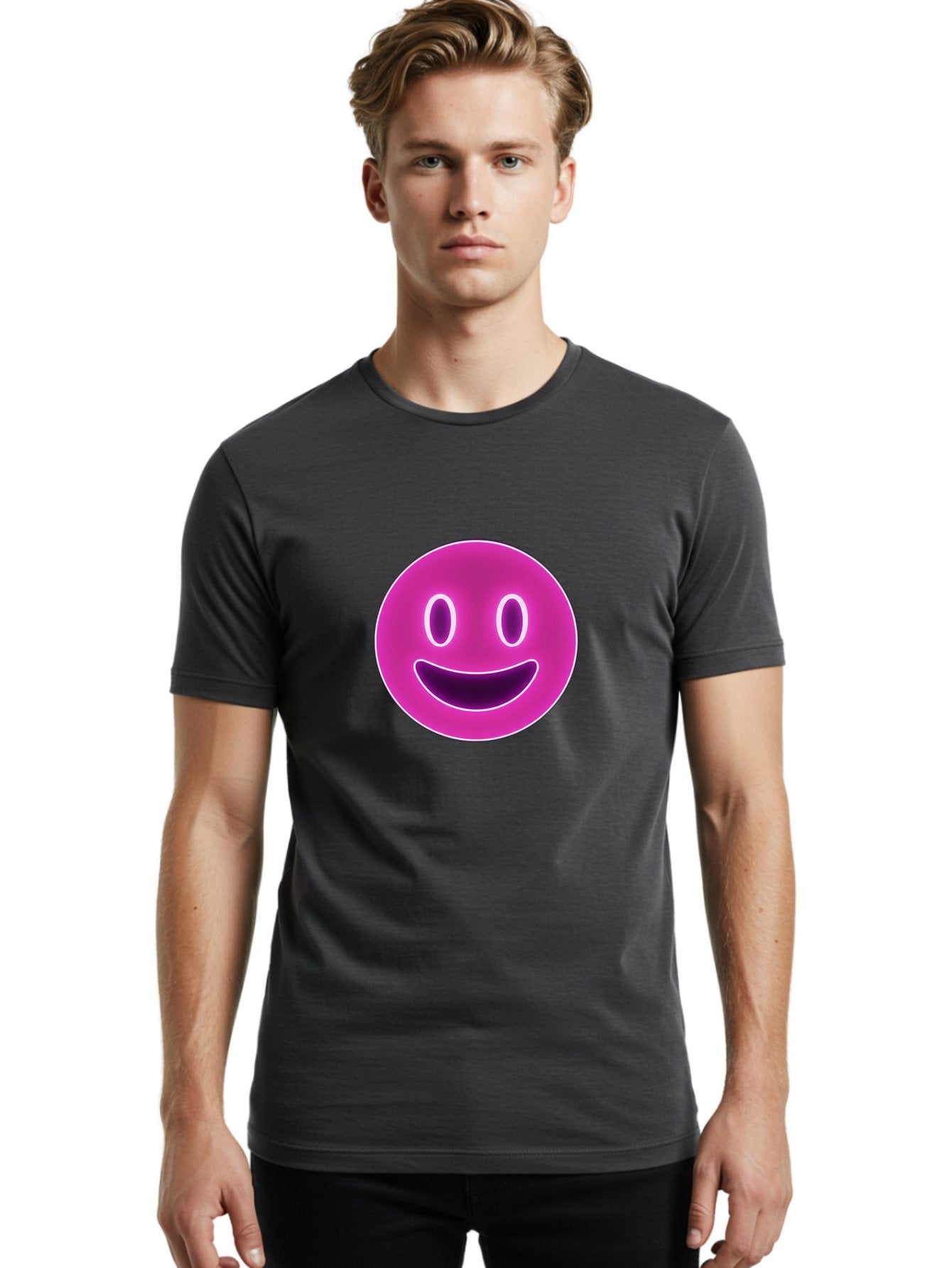 Smiley-Face Men'S Graphic Tee, 100% Cotton, Comfortable Casual Summer Wear, Machine Washable, Smiley Face, Happy Expression, Purple Emoticon, Neon Glow, Simple Design, Positive Vibe, Emotive Icon, Social Media Symbol, Emoticon, Happiness, Bae760 27