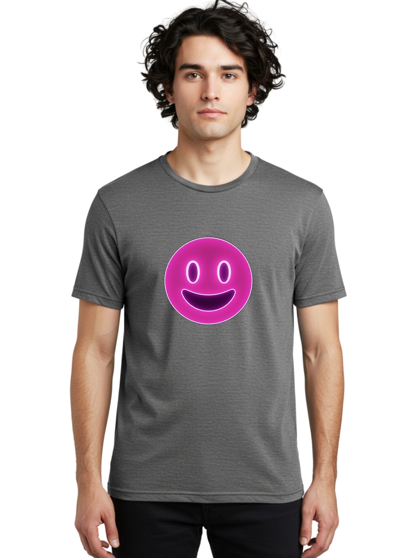 Smiley-Face Men'S Graphic Tee, 100% Cotton, Comfortable Casual Summer Wear, Machine Washable, Smiley Face, Happy Expression, Purple Emoticon, Neon Glow, Simple Design, Positive Vibe, Emotive Icon, Social Media Symbol, Emoticon, Happiness, Bae760 24