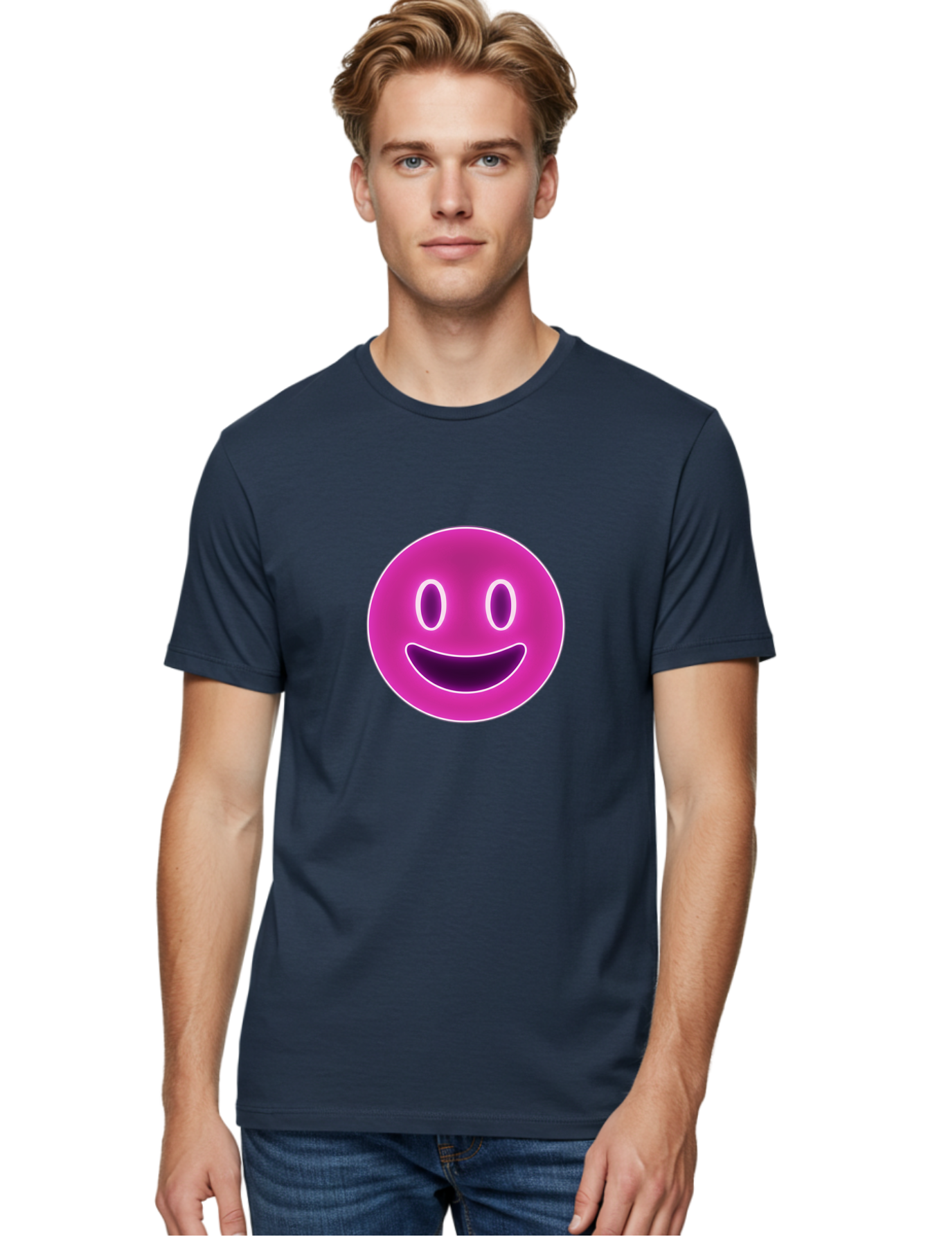 Smiley-Face Men'S Graphic Tee, 100% Cotton, Comfortable Casual Summer Wear, Machine Washable, Smiley Face, Happy Expression, Purple Emoticon, Neon Glow, Simple Design, Positive Vibe, Emotive Icon, Social Media Symbol, Emoticon, Happiness, Bae760 17