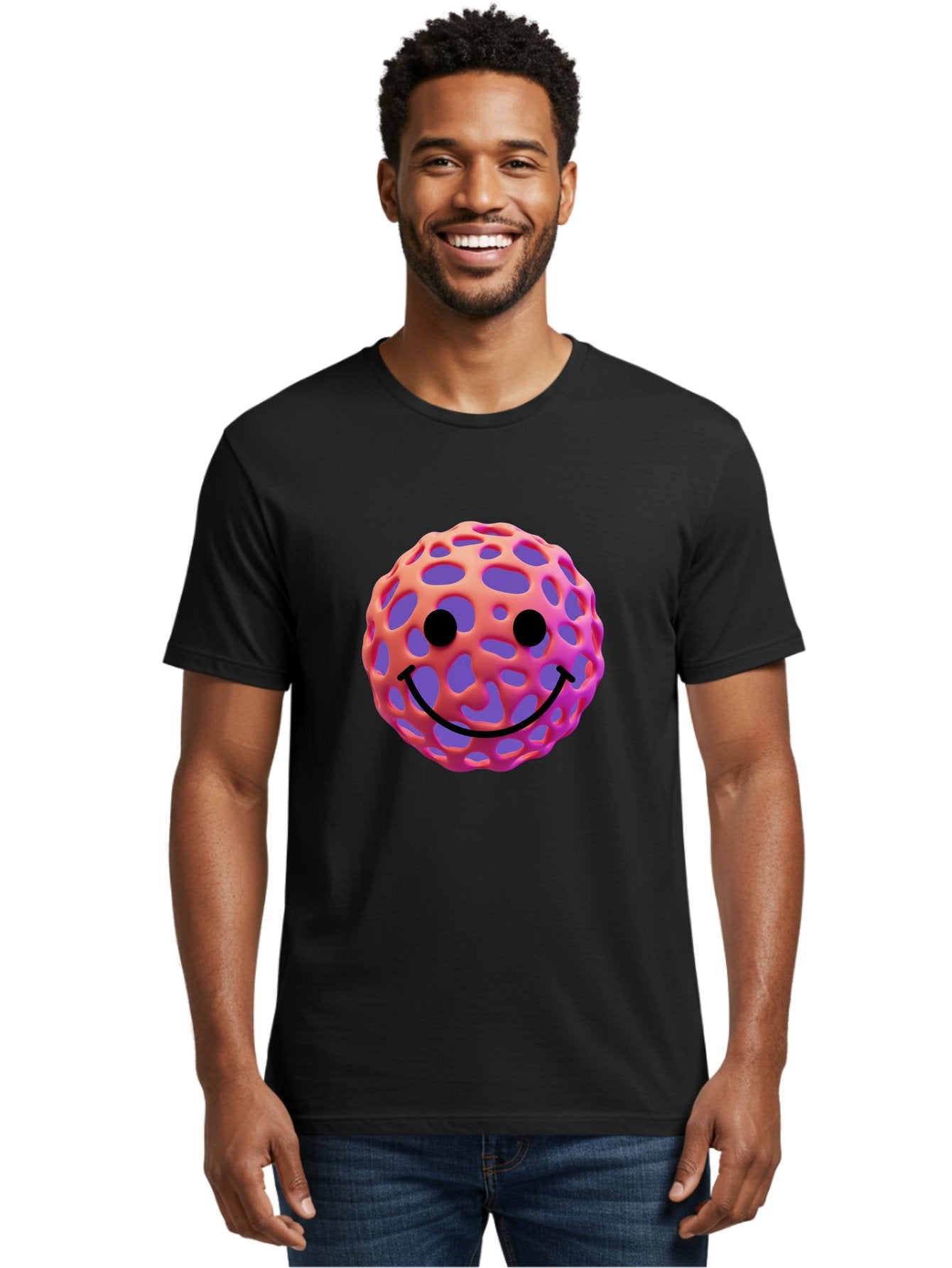 Smiley-Virus Men'S Graphic Tee, 100% Cotton, Comfortable Casual Summer Wear, Machine Washable, Smiley Face, Happy Emoji, Pink And Orange Gradient, Playful Design, 3D Illustration, Digital Art, Cute Character, Smiley Emoticon, Emoticon Bae761 23